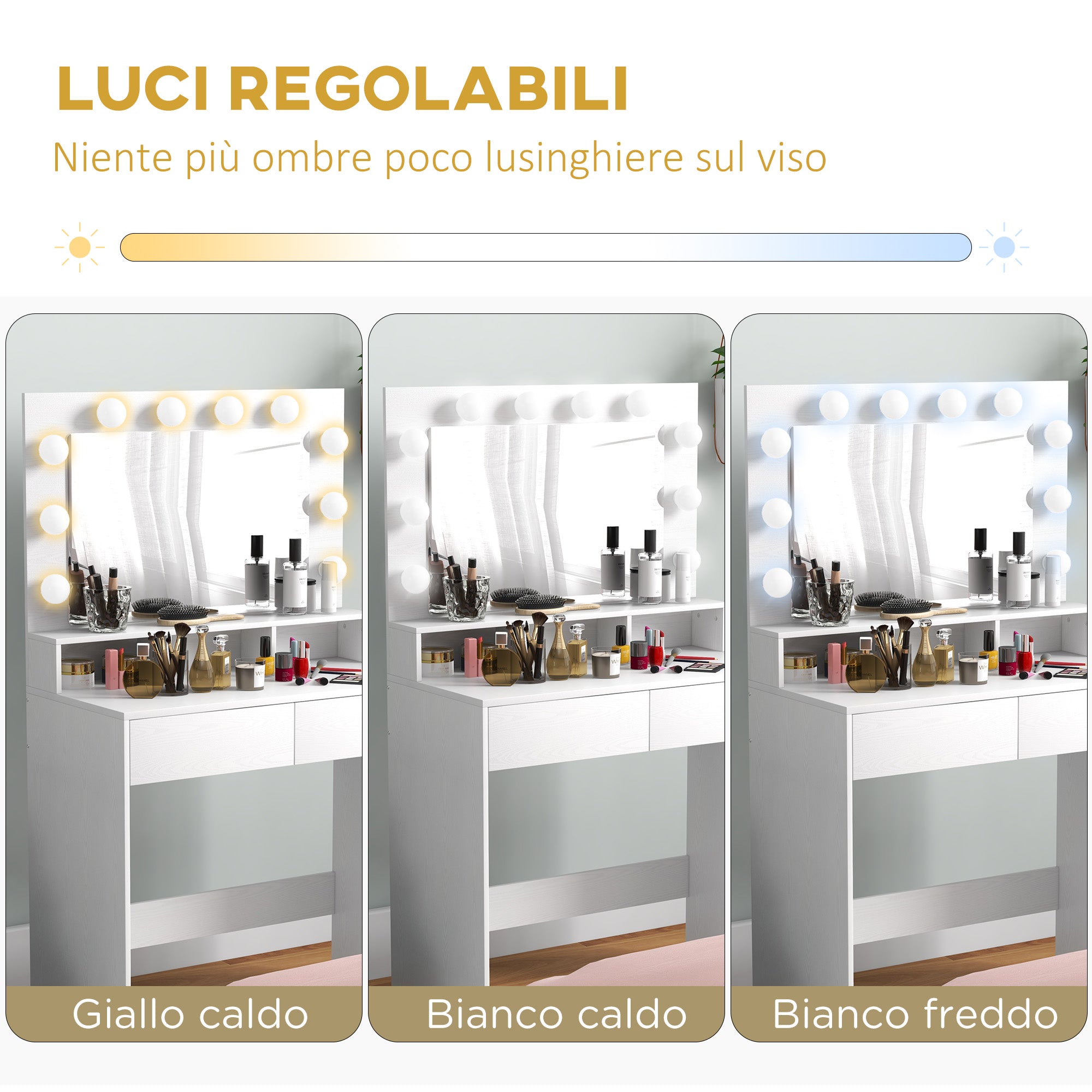 EasyComfort Tavolo da Trucco toilettafel met spiegel en 10 dimbare LED-lampen, 80x40x135 cm