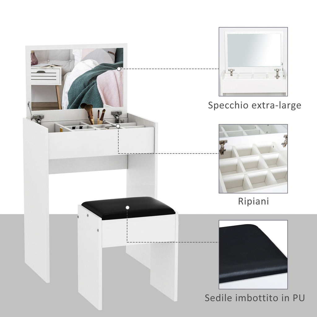 Easycomfort Tavolo da Trucco with Specchio Richiudibile, Tavolo da Trucco Moderno, with Sgabello, Vano Contenitore (10 Scomparti), MDF white, 60.2 x 40.2 x 79cm