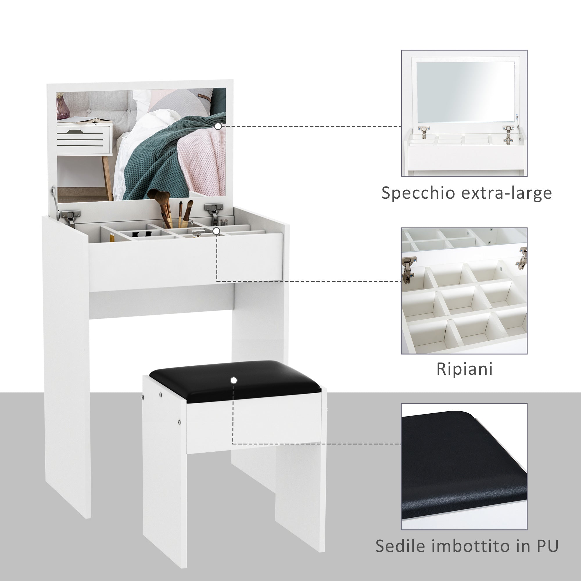 Easycomfort Tavolo da Trucco with Specchio Richiudibile, Tavolo da Trucco Moderno, with Sgabello, Vano Contenitore (10 Scomparti), MDF white, 60.2 x 40.2 x 79cm