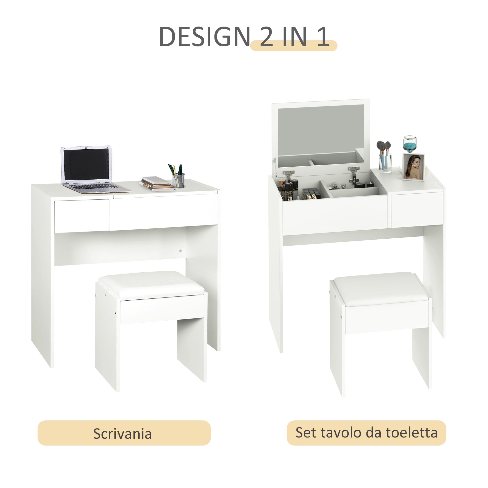 Easycomfort Tavolo da Trucco with Specchio Richiudibile, Tavolo da Trucco Moderno, with Sgabello, Vano Contenitore (4 Scomparti), MDF white, 80x40x79 cm