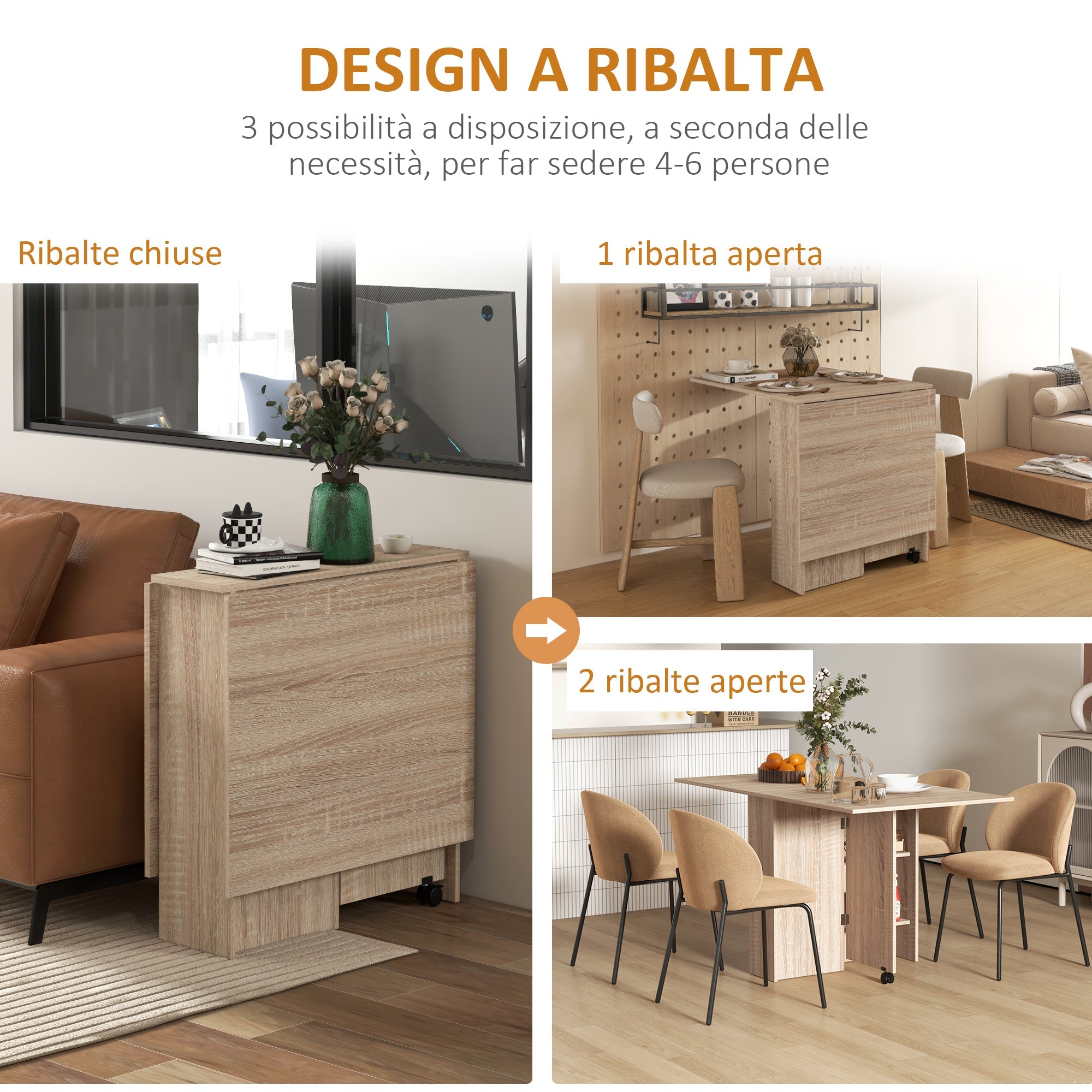 EasyComfort Tavolo Pieghevole opvouwbare tafel voor 6 personen, naturel hout