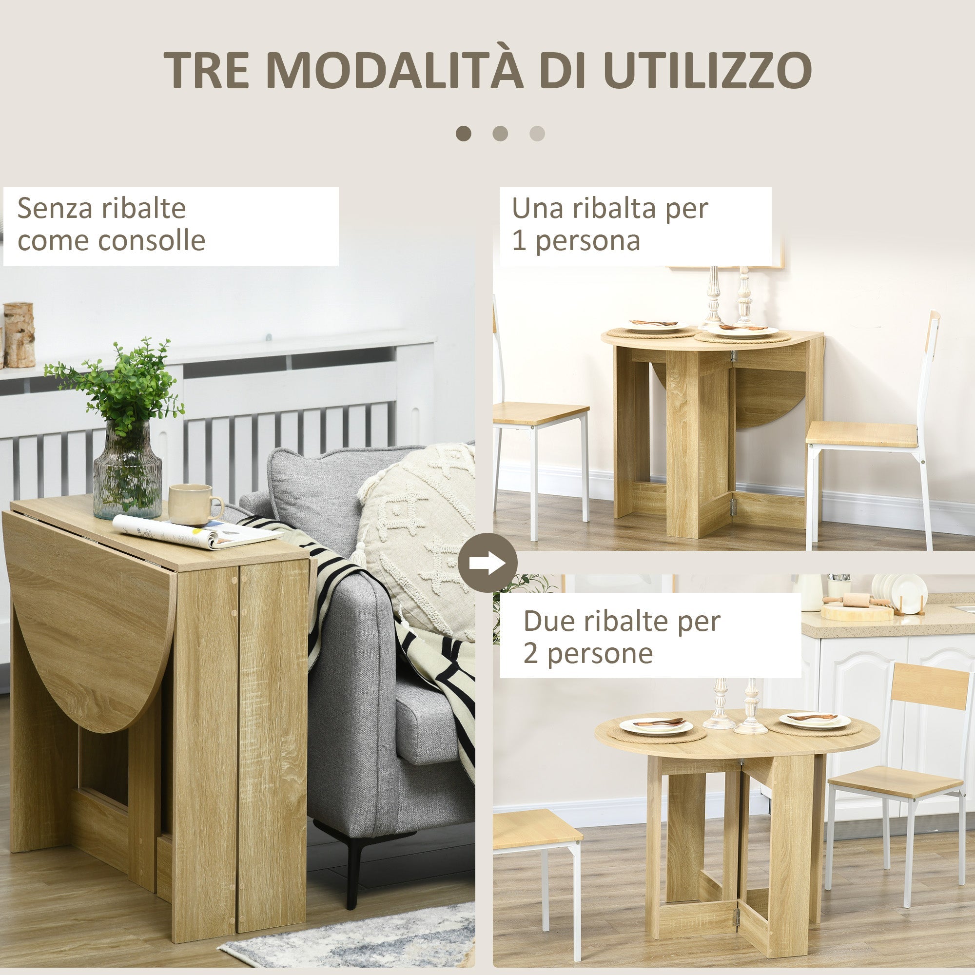 EasyComfort Tavolo Pieghevole da Pranzo a 2 Ribalte, Tavolo Consolle in Legno Salvaspazio, Rovere