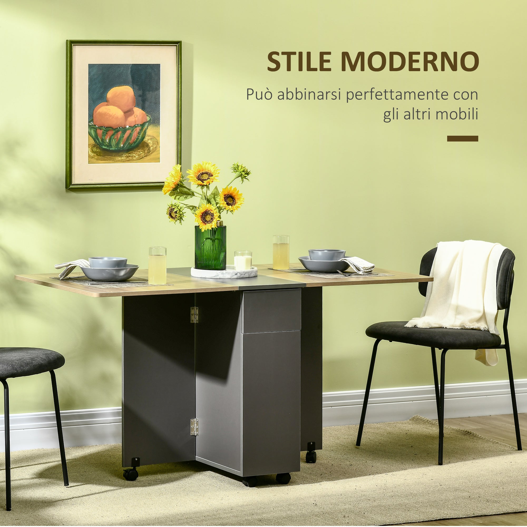 Easycomfort Tavolo Pieghevole da Pranzo in Truciolato with 2 Cassetti, 1 Armadietto, max. 6 Persone, 140x76x76 cm