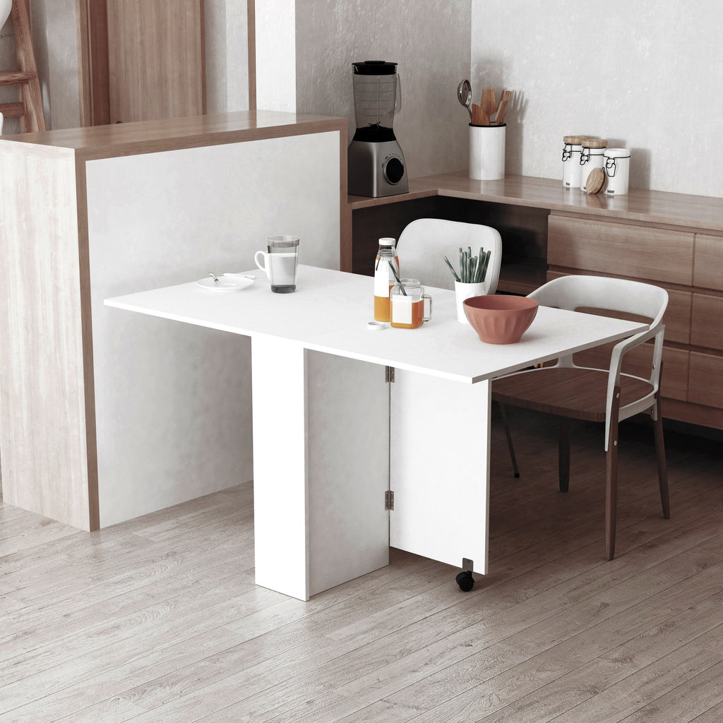 Easycomfort Tavolo Pieghevole Salvaspazio, 2 Ripiani Inferiori in Legno, Tavolo Richiudibile Salvaspazio, with Ruote per 6 Persone, 75P x 140l x 74H cm, white