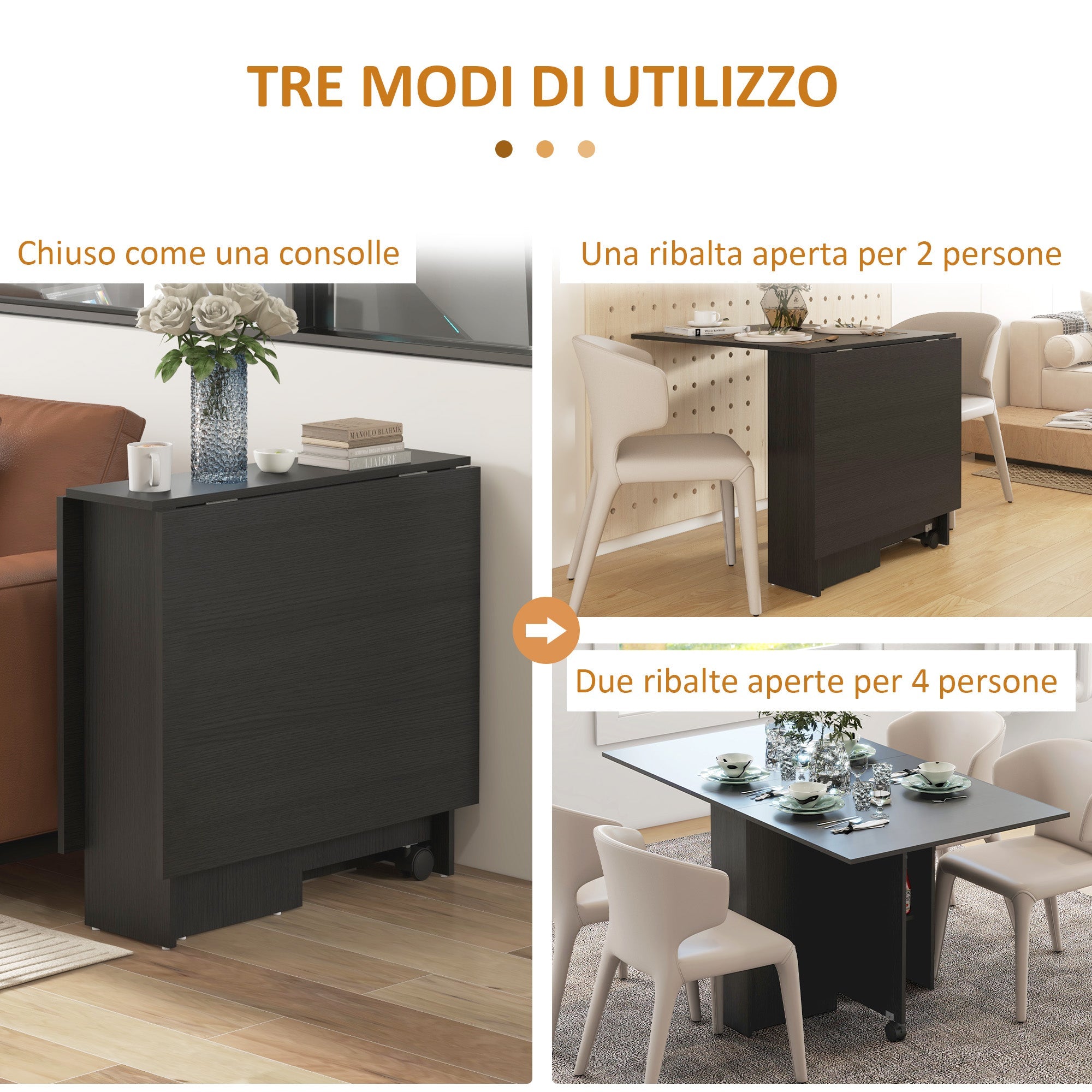 EasyComfort ruimtebesparende opklaptafel 2 kleppen voor 6 personen, zwart
