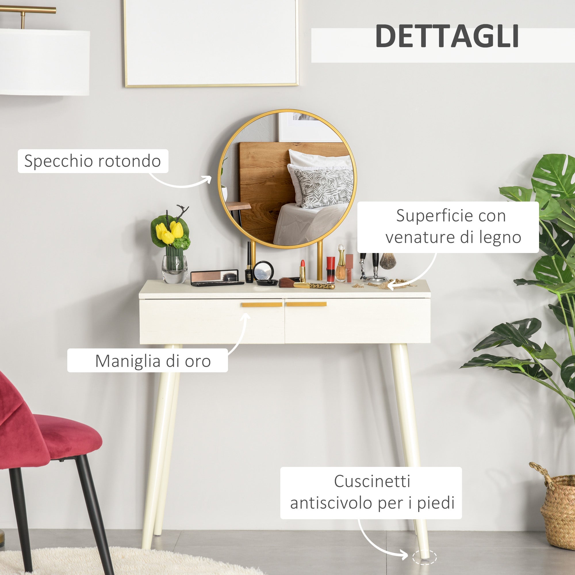 EasyComfort Tavolo Trucco kaptafel 80x40x123 cm met spiegel en 2 lades