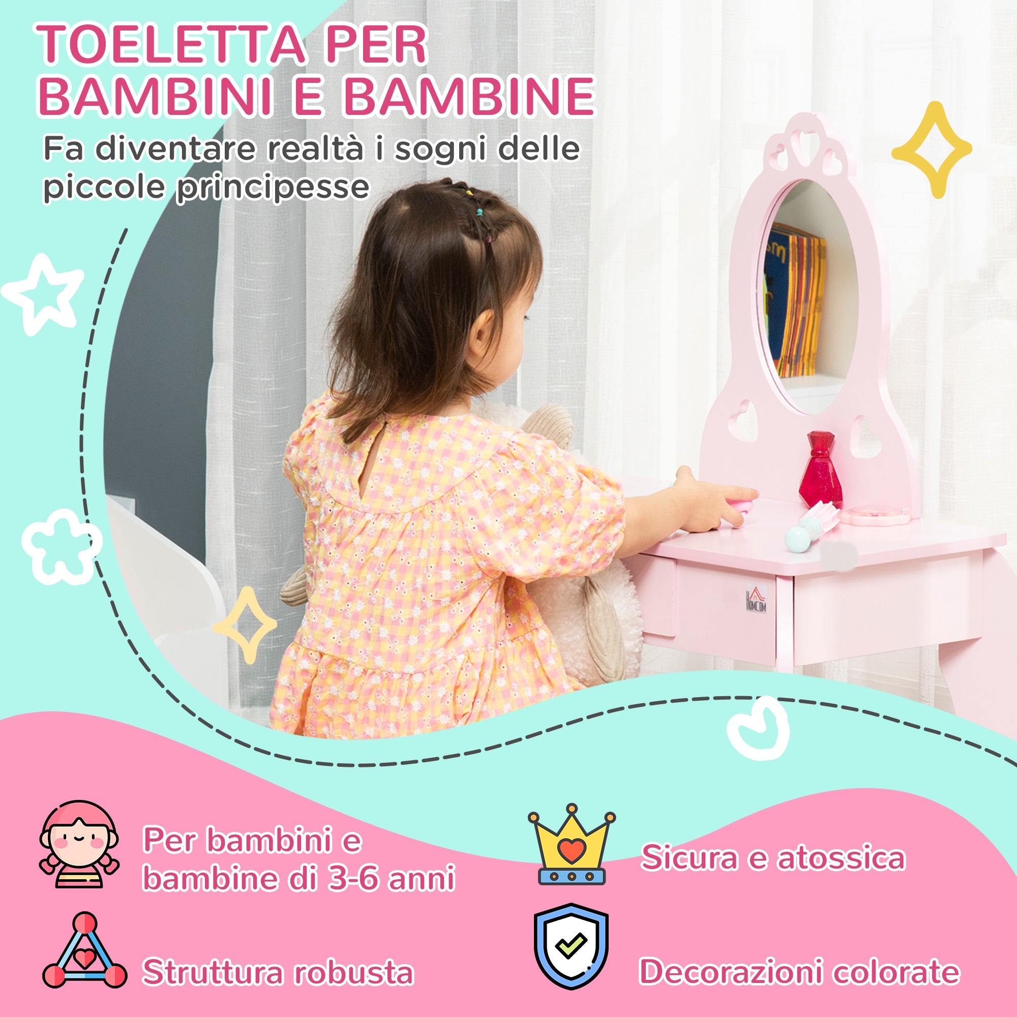 EasyComfort Tavolo Trucco per Bambini - Make-uptafel met krukje, 60x36x88 cm, Roze