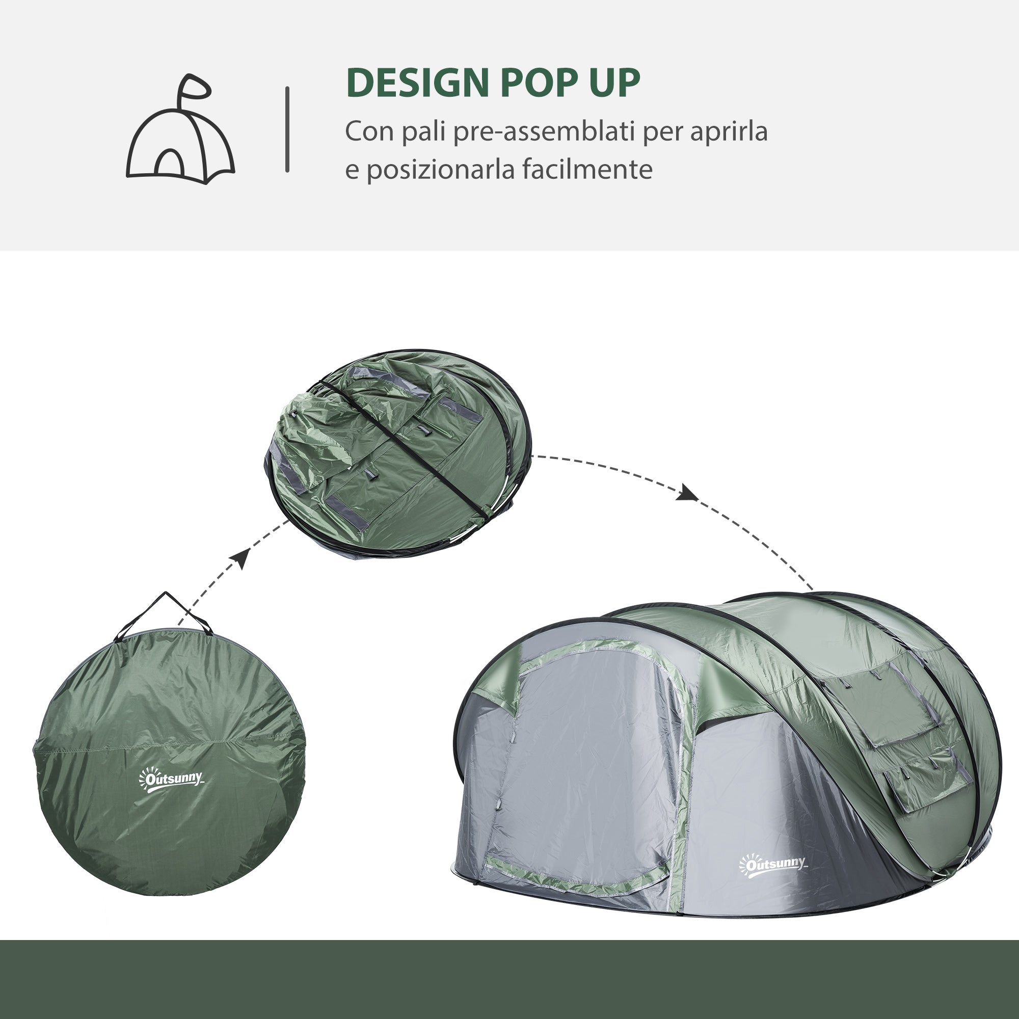 EASYCOMFORT Pop-up campingtent 4-5 personen, 2 deuren, donkergroen