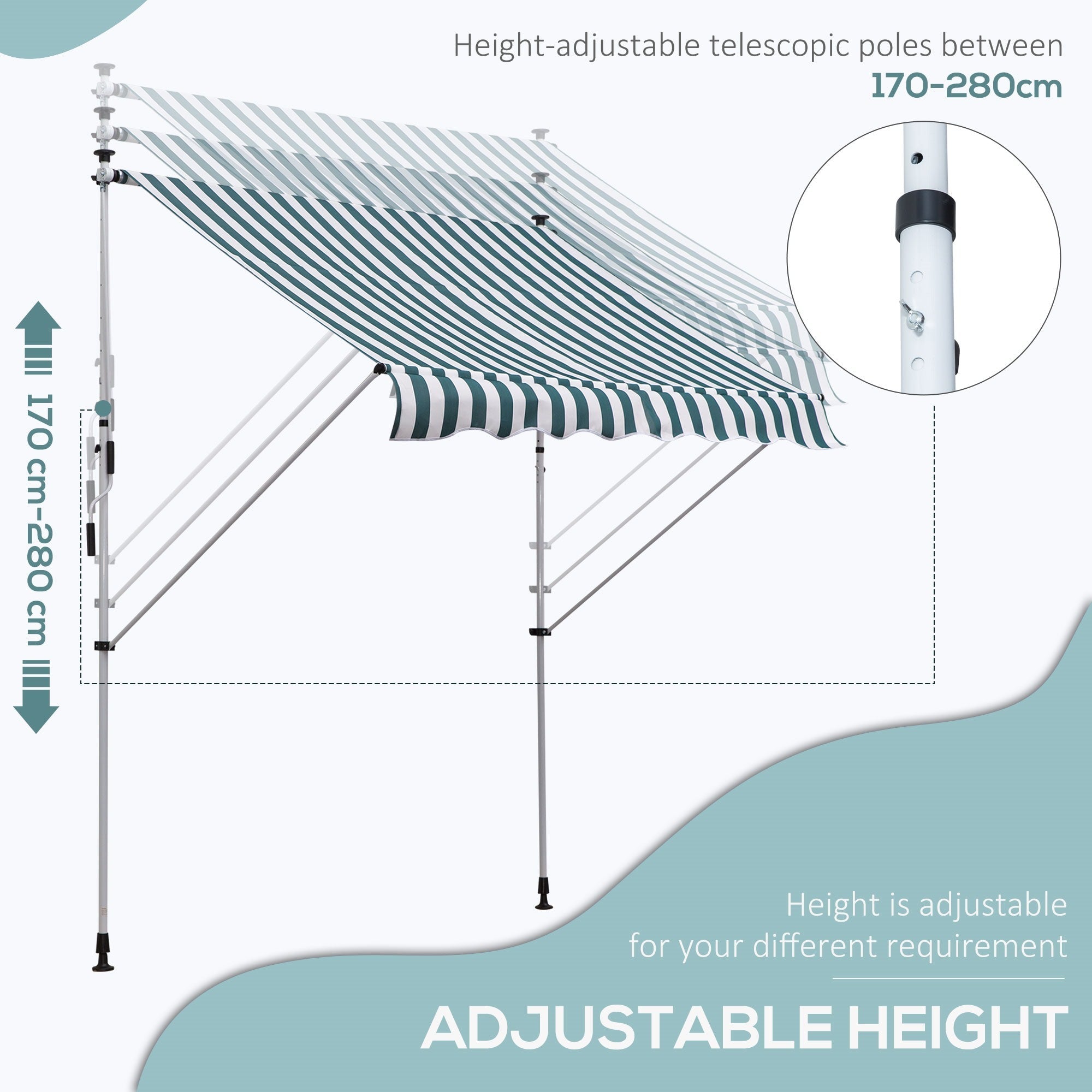 EASYCOMFORT Outdoor Roller Awning 2x1.5m with Crank, Adjustable Height and Angle, White and Green