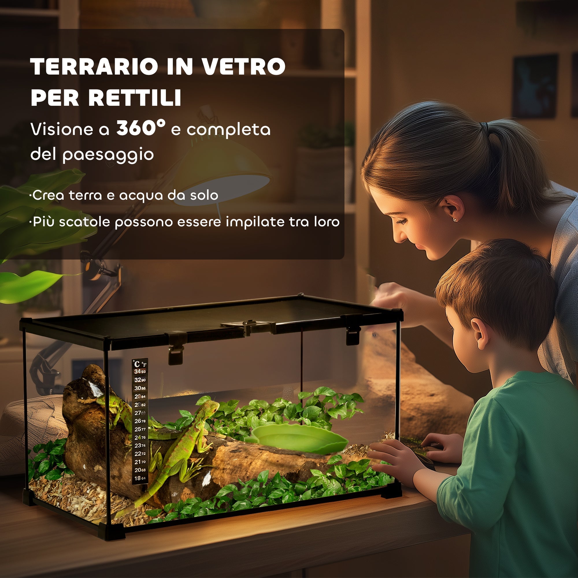 EasyComfort Terrario per Rettili Rialzato with Serratura e Termometro, in Vetro e Rete Metallica, 50x30x25 cm, black