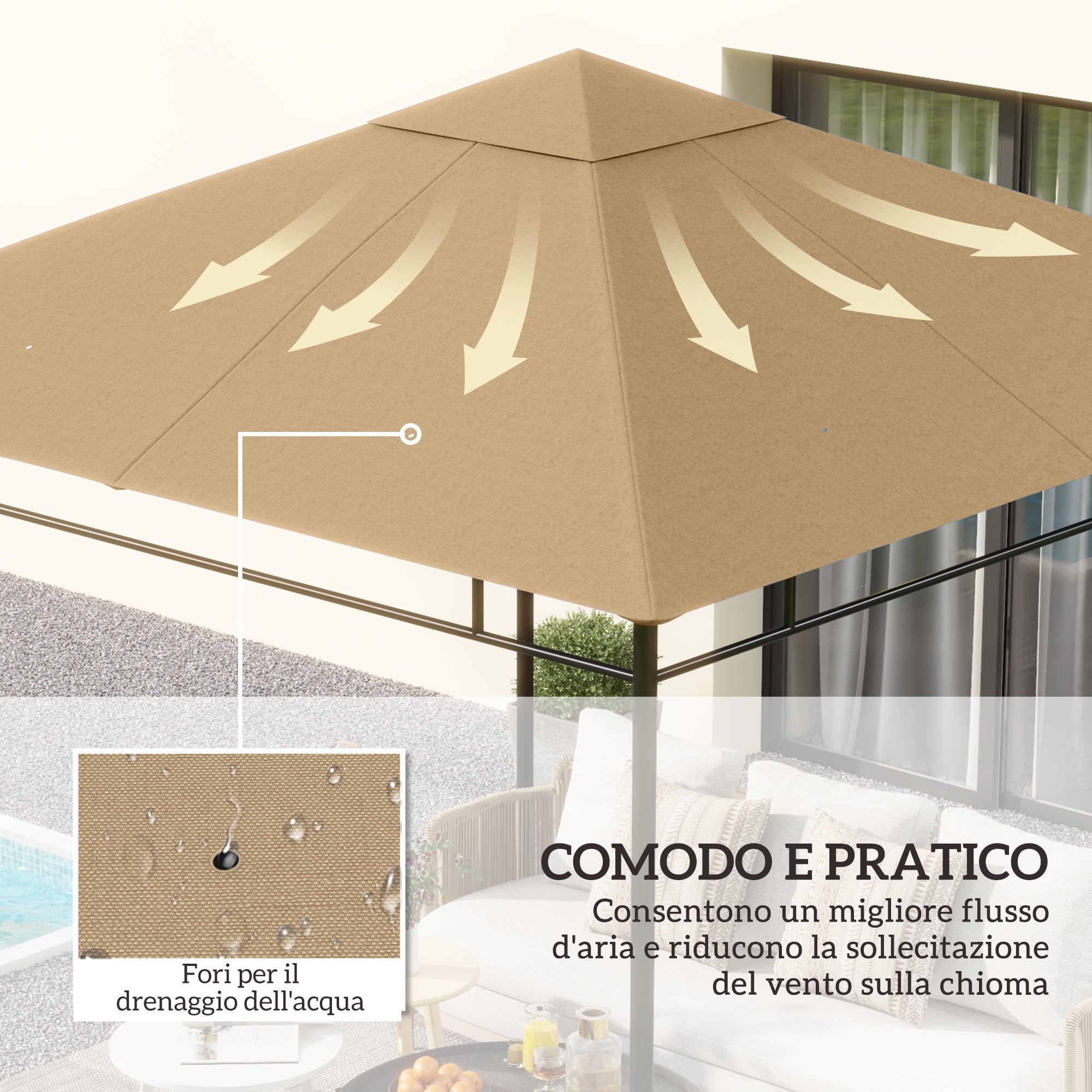 EasyComfort Tetto di Ricambio per Gazebo 3x3m in Poliestere with Prese d'Aria e Fori di Drenaggio, Beige