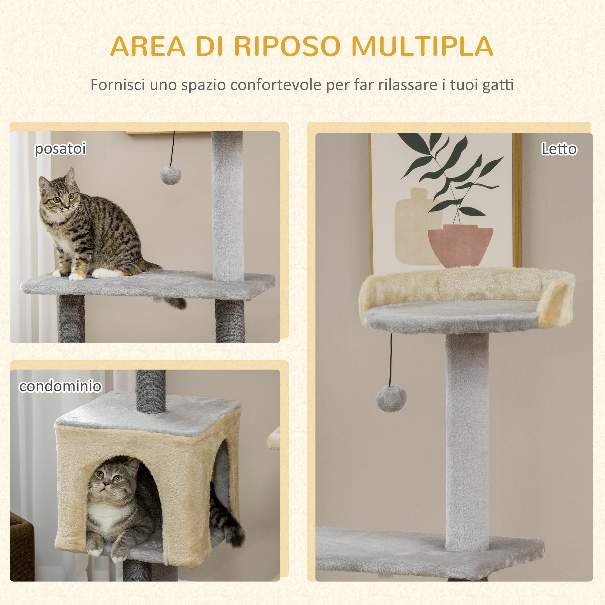 EASYCOMFORT Scratching Post for Cats 156cm High with Bed, House and Sisal Scratching Posts