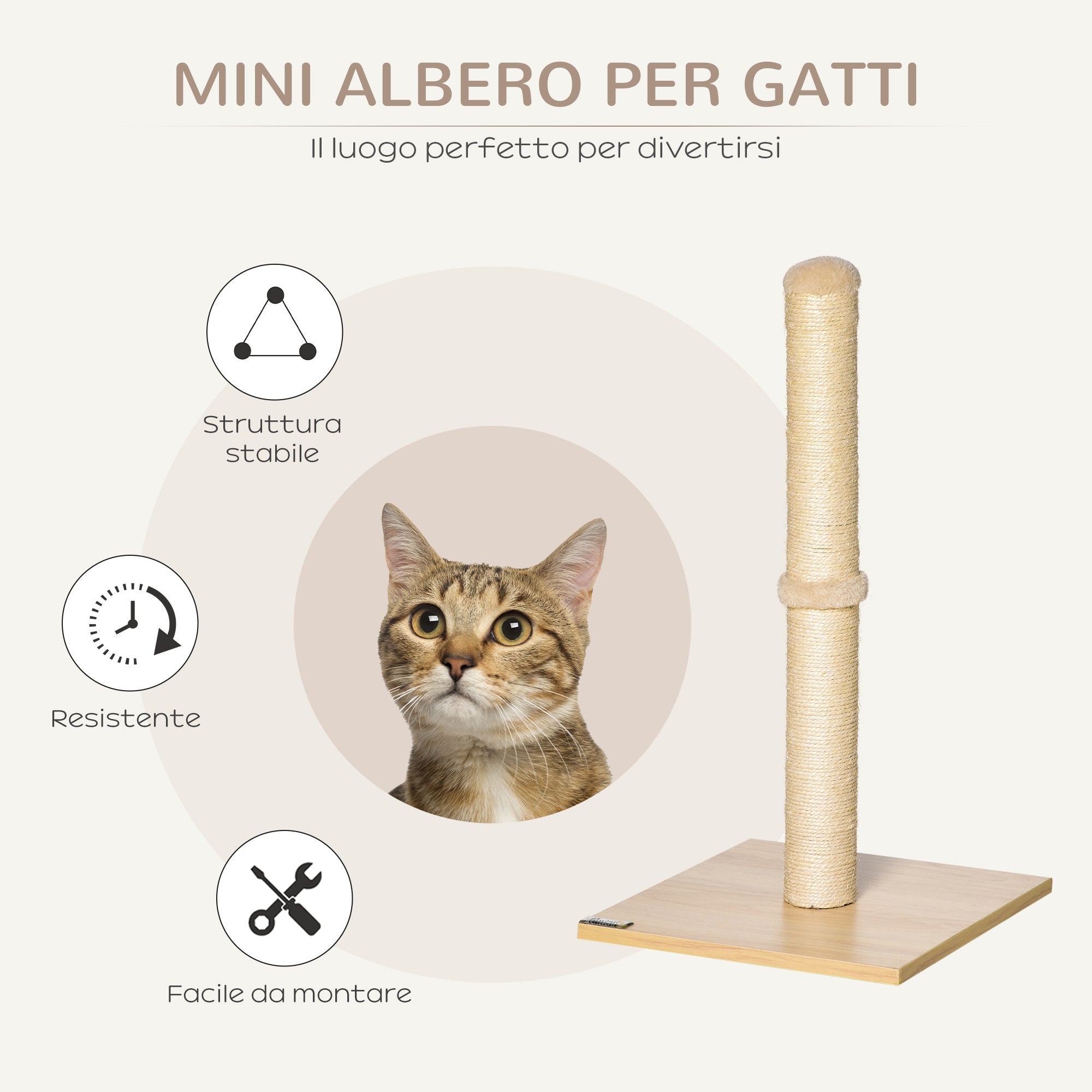 EasyComfort Tiragraffi per Gatti with Palo in Sisal Alto 60 cm e Base in Truciolato, Beige