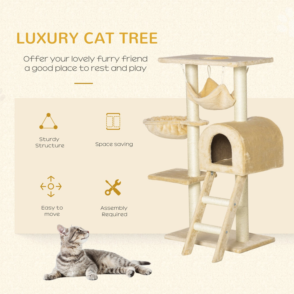 EASYCOMFORT Multilevel Cat Scratching Post with Hammock and House, Natural Sisal Ropes, 55×30×100cm