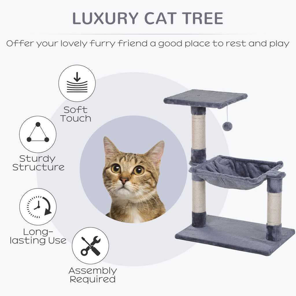 EASYCOMFORT Multilevel Cat Scratching Post with Hammock and Ball, Wood and Plush, 50x36x70cm, Gray