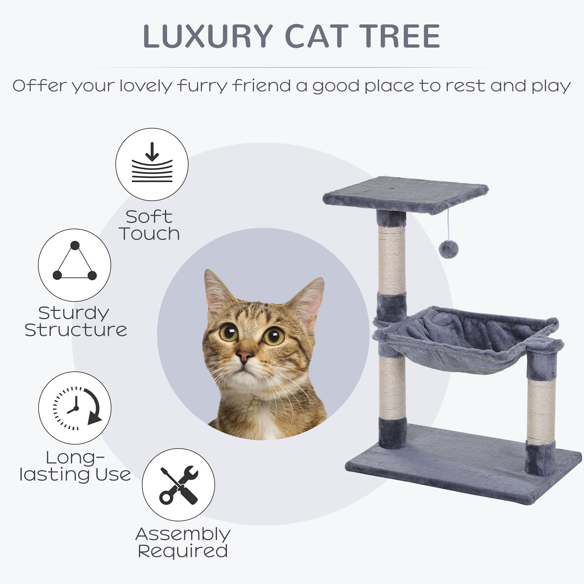 EASYCOMFORT Multilevel Cat Scratching Post with Hammock and Ball, Wood and Plush, 50x36x70cm, Gray