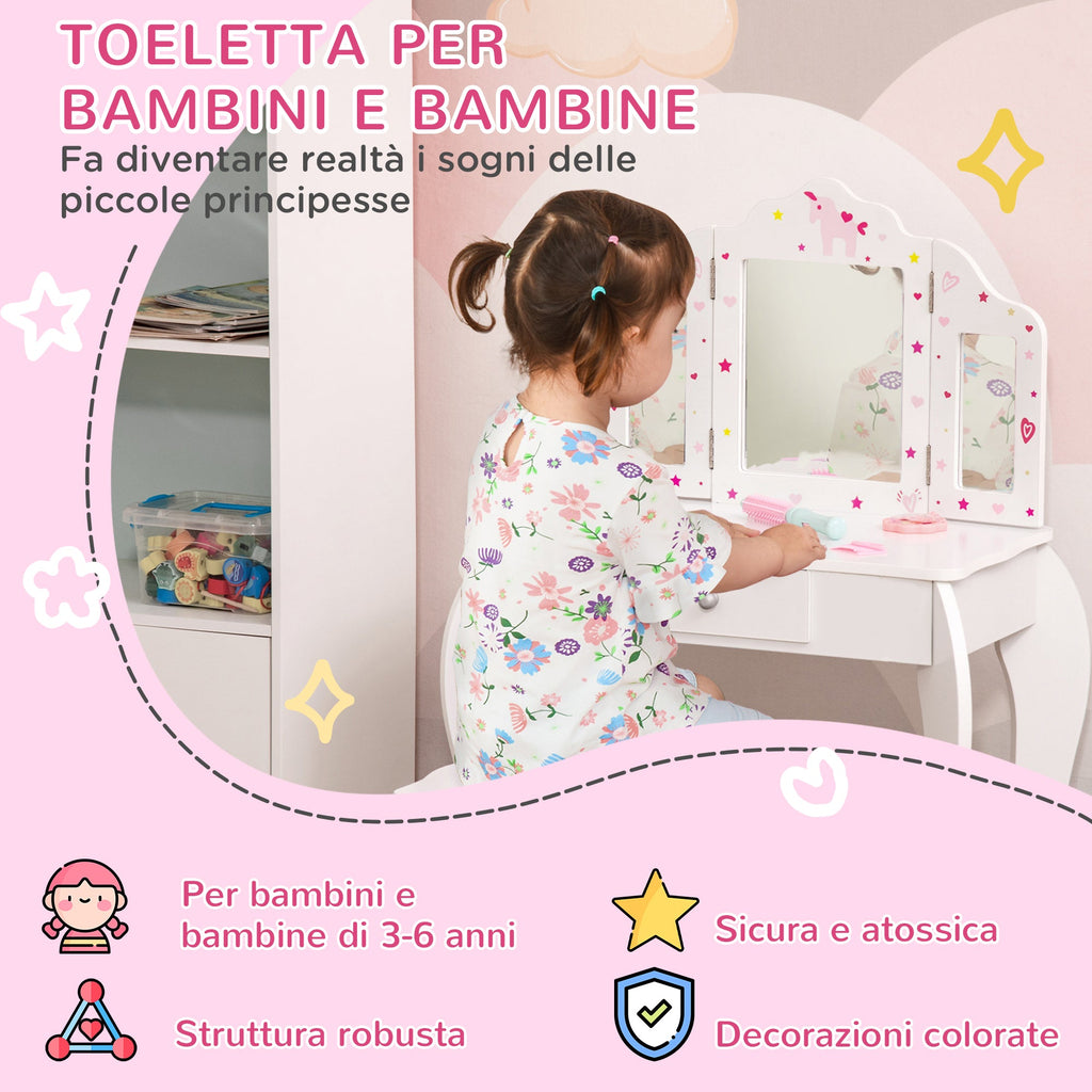 Easycomfort Toeletta per Bambini with Sgabello, Tavolo Trucco with Triplo Specchio e Cassetto, 63x40x85.5cm, white