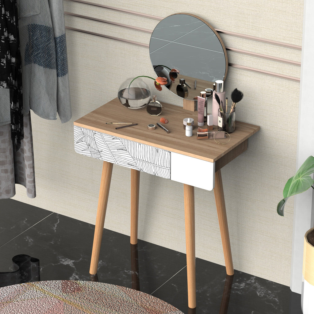 Easycomfort Toeletta Tavolo da Trucco with Specchio Circolare Ф39cm, Consolle Trucco with Cassetto with Decorazione Jungle, white e Rovere, 70x39x119-128cm
