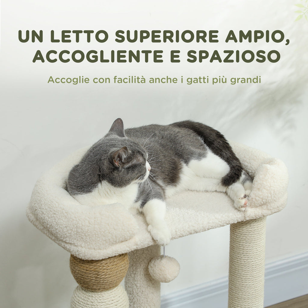 EasyComfort Torre per Gatti con Lettino, Piattaforma e Pallina Giocattolo, in Legno, Peluche e Iuta, 48.5x40x76 cm, Beige