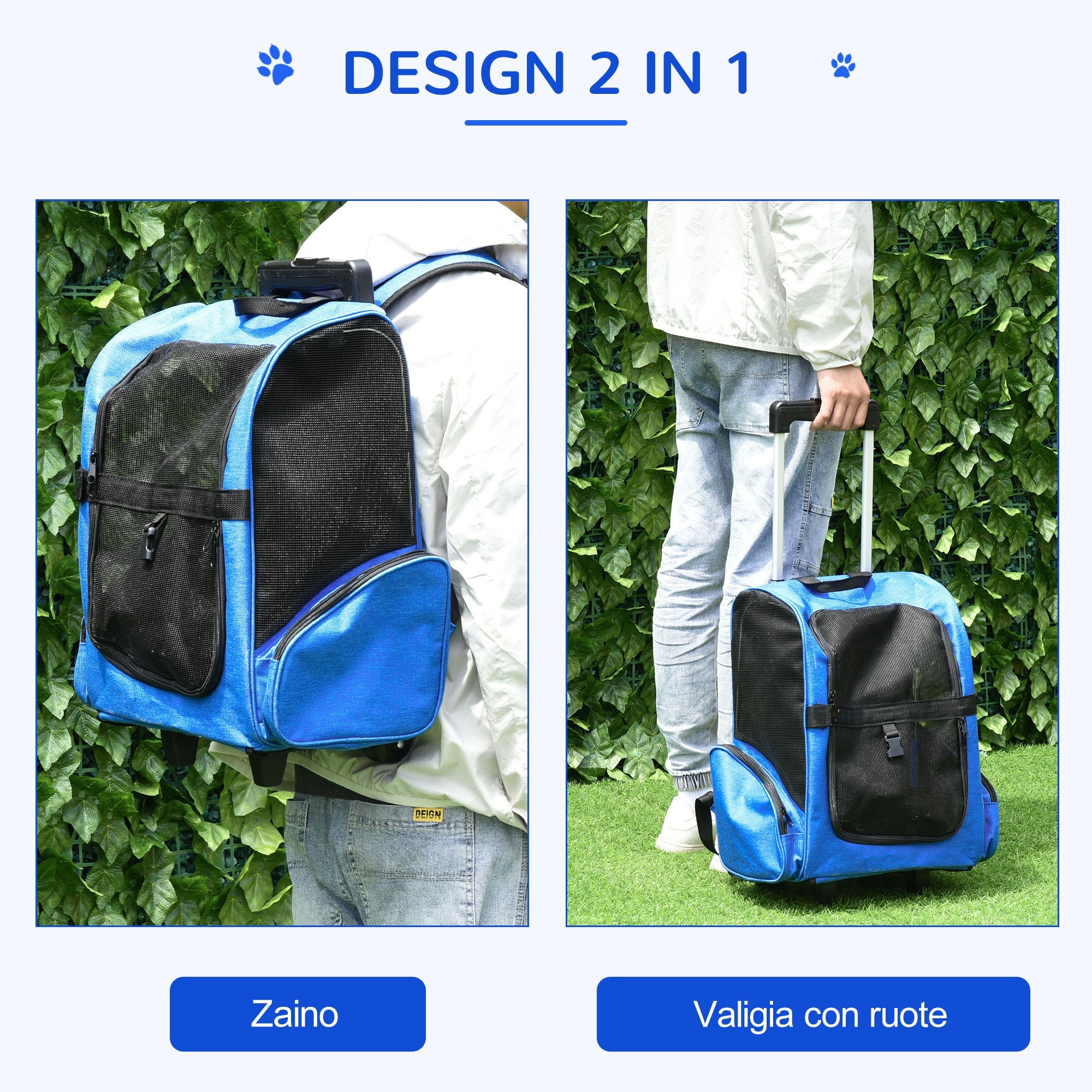 EasyComfort Trasportino Zaino 2 in 1 per Cani e Gatti with Tasche e Maniglia Telescopica, 42x25x55cm, Blu