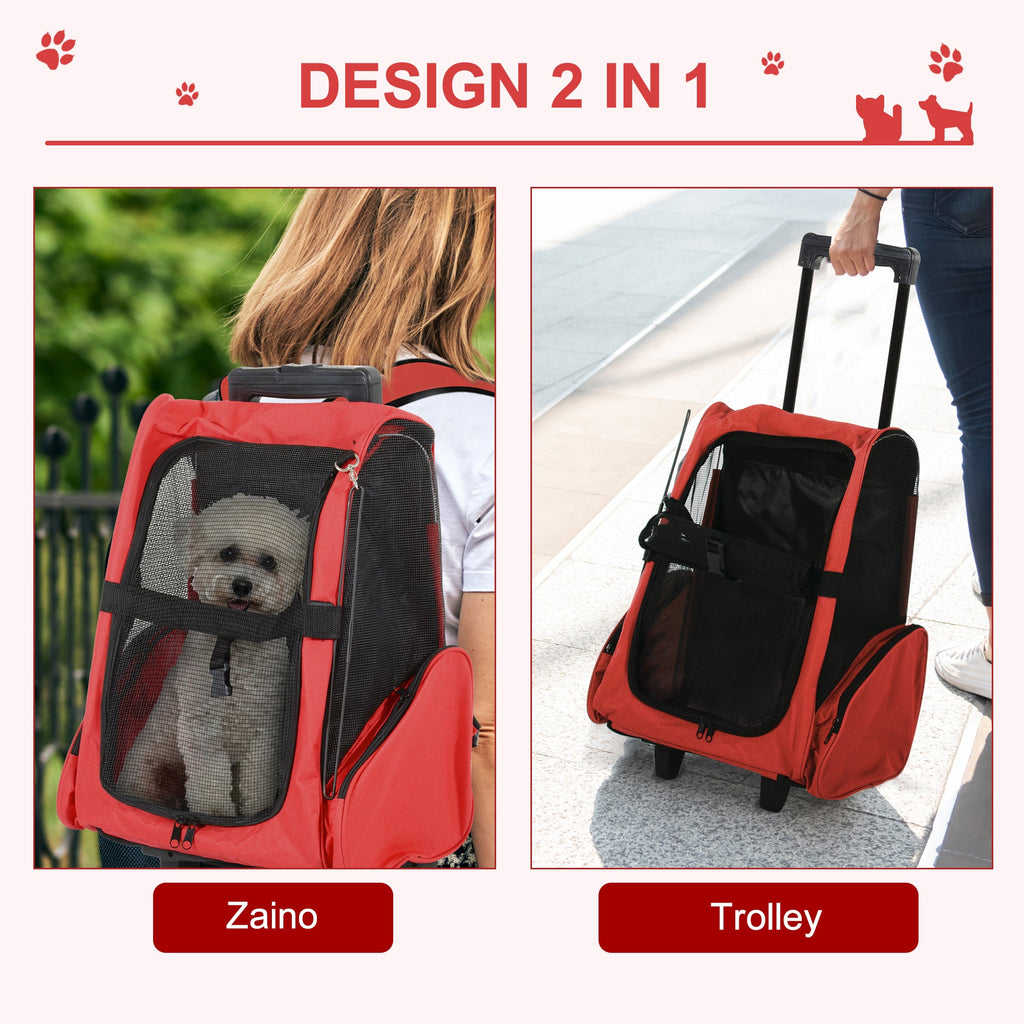 EASYCOMFORT 2 in 1 Backpack Carrier for Dogs and Cats with Side Pockets, Telescopic Handle and Wheels, 42x25x55cm, Red