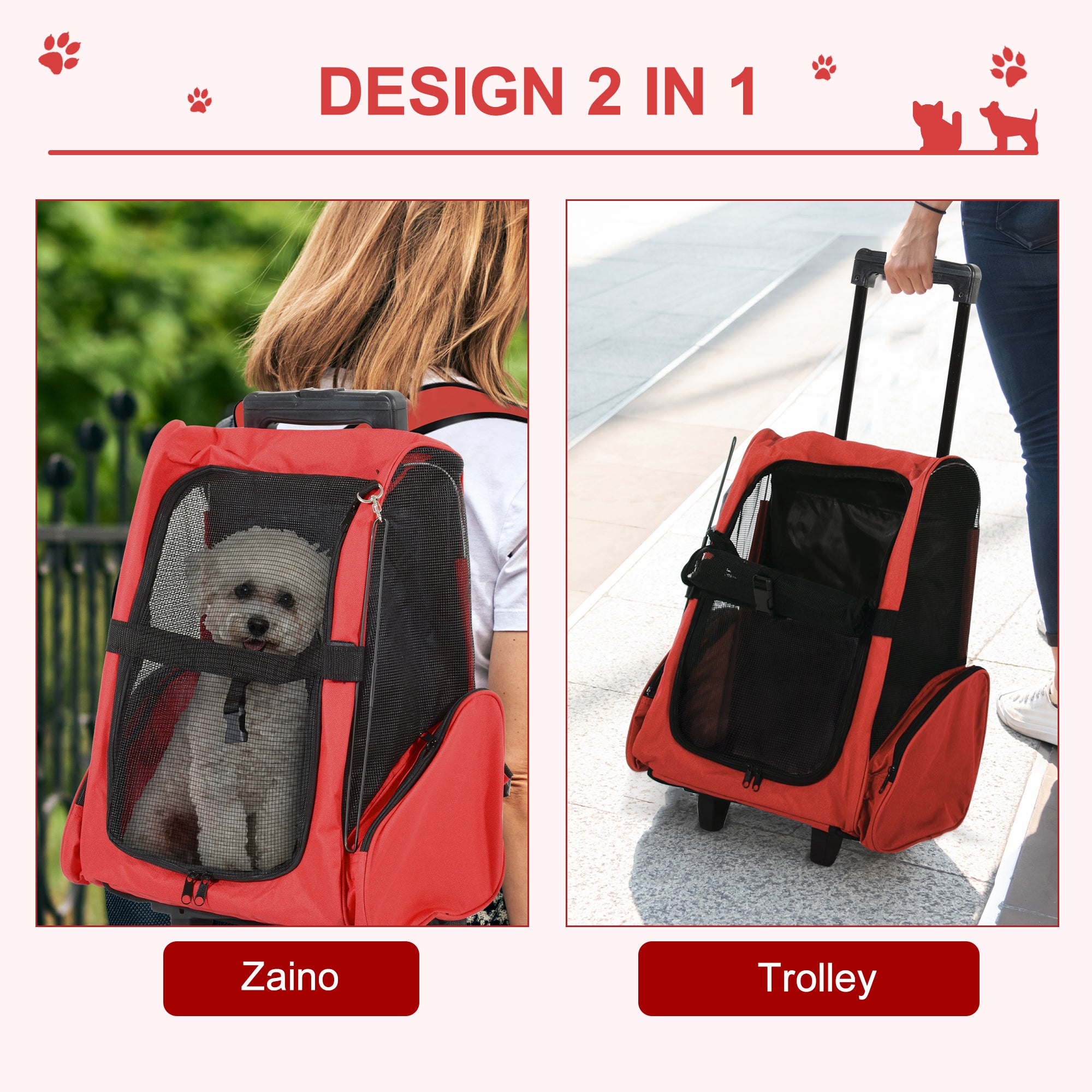 EASYCOMFORT 2 in 1 Backpack Carrier for Dogs and Cats with Side Pockets, Telescopic Handle and Wheels, 42x25x55cm, Red
