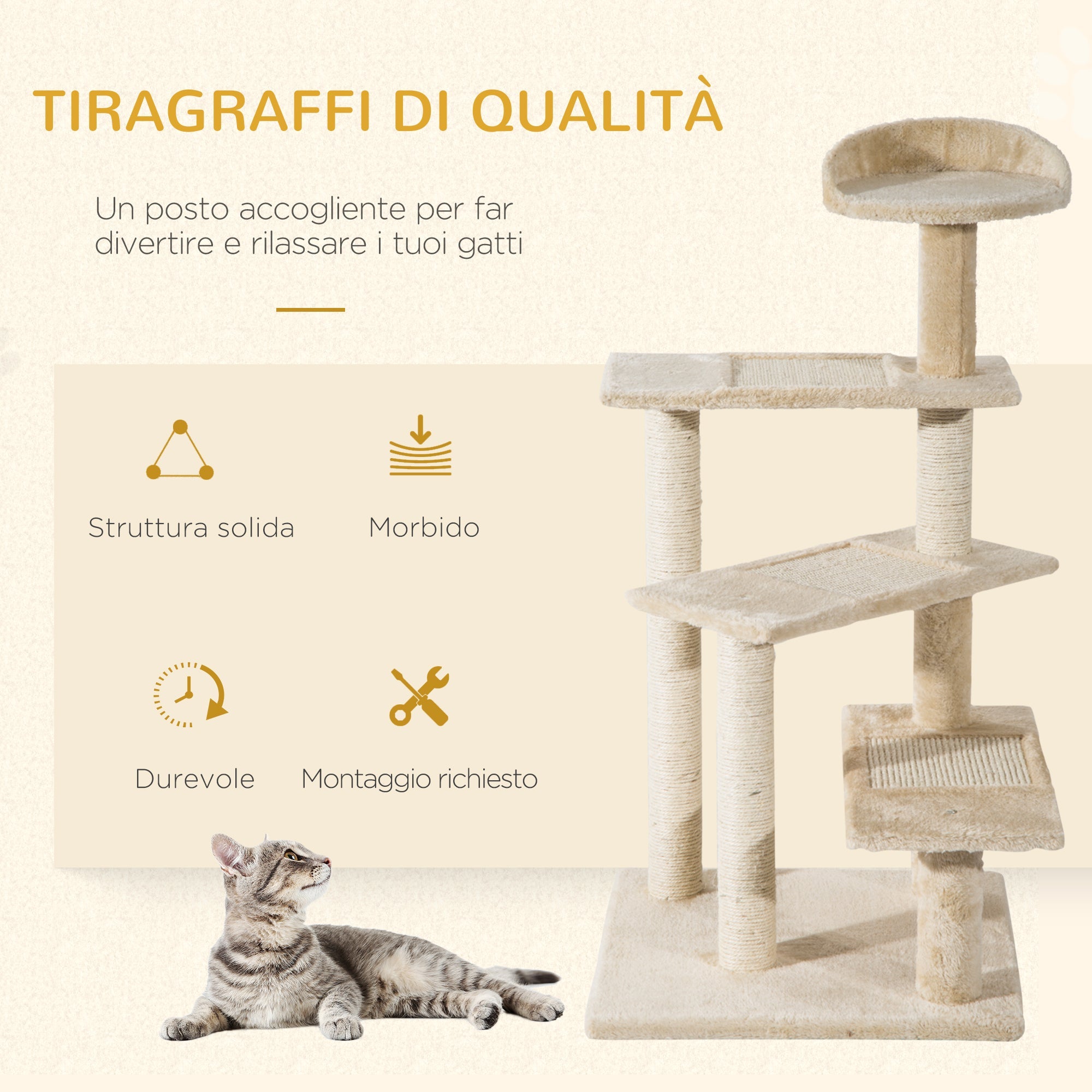 EASYCOMFORT Multilevel Cat Perch with Sisal Scratching Post, Cat Tree with Platforms and Beige Plush Kennel, 50x50x100cm