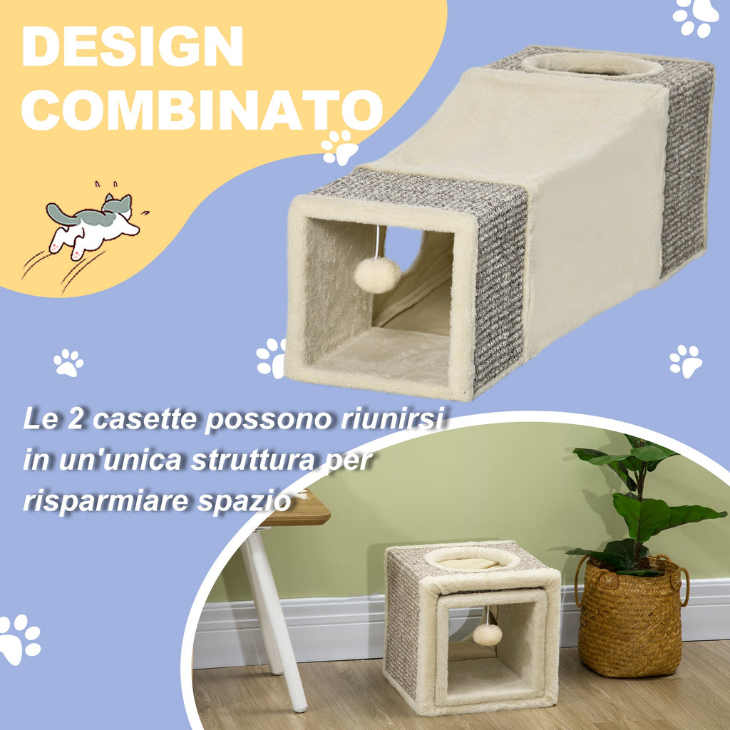 EasyComfort Kattentunnel opvouwbaar met huisjes, sisal krabpaal en speelbal, crème