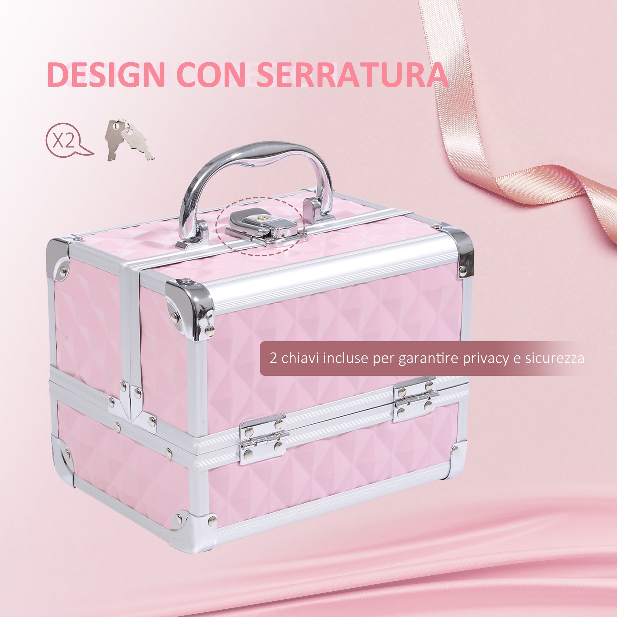 EasyComfort Valigetta Porta Trucchi with Profili in Alluminio, Maniglia e Vassoio Cantilever, 20x15x15cm, Rosa