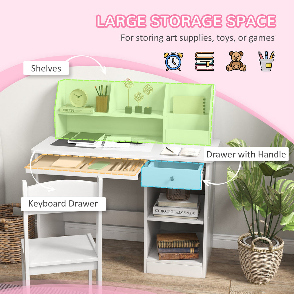 EasycomfortZONEKIZ Banco Scuola e Sedia per Bambini da 5-8 Anni with Scaffale e Mensola Estraibile in Legno white