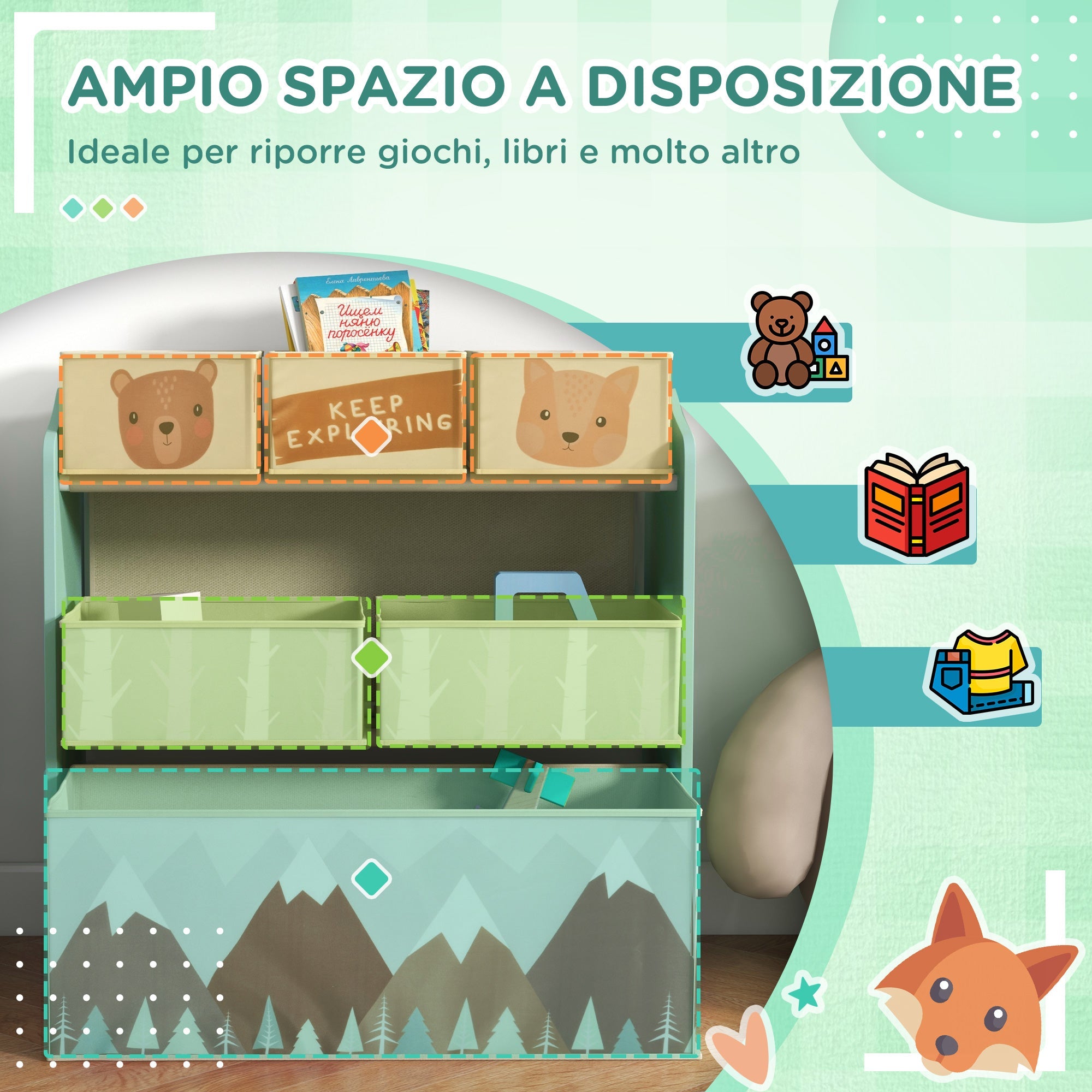EasyComfort ZONEKIZ speelgoedrek met 6 opbergbakken, 63x30x66 cm, groen
