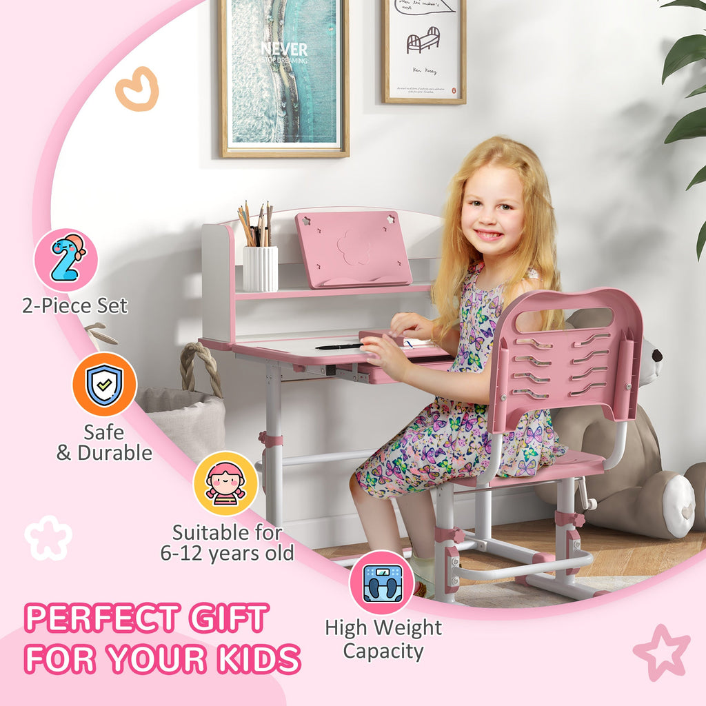 EasycomfortZONEKIZ Set Scrivania per Bambini with Sedia Regolabile in Altezza e Piano Inclinabile, Età 6-12 Anni, Rosa