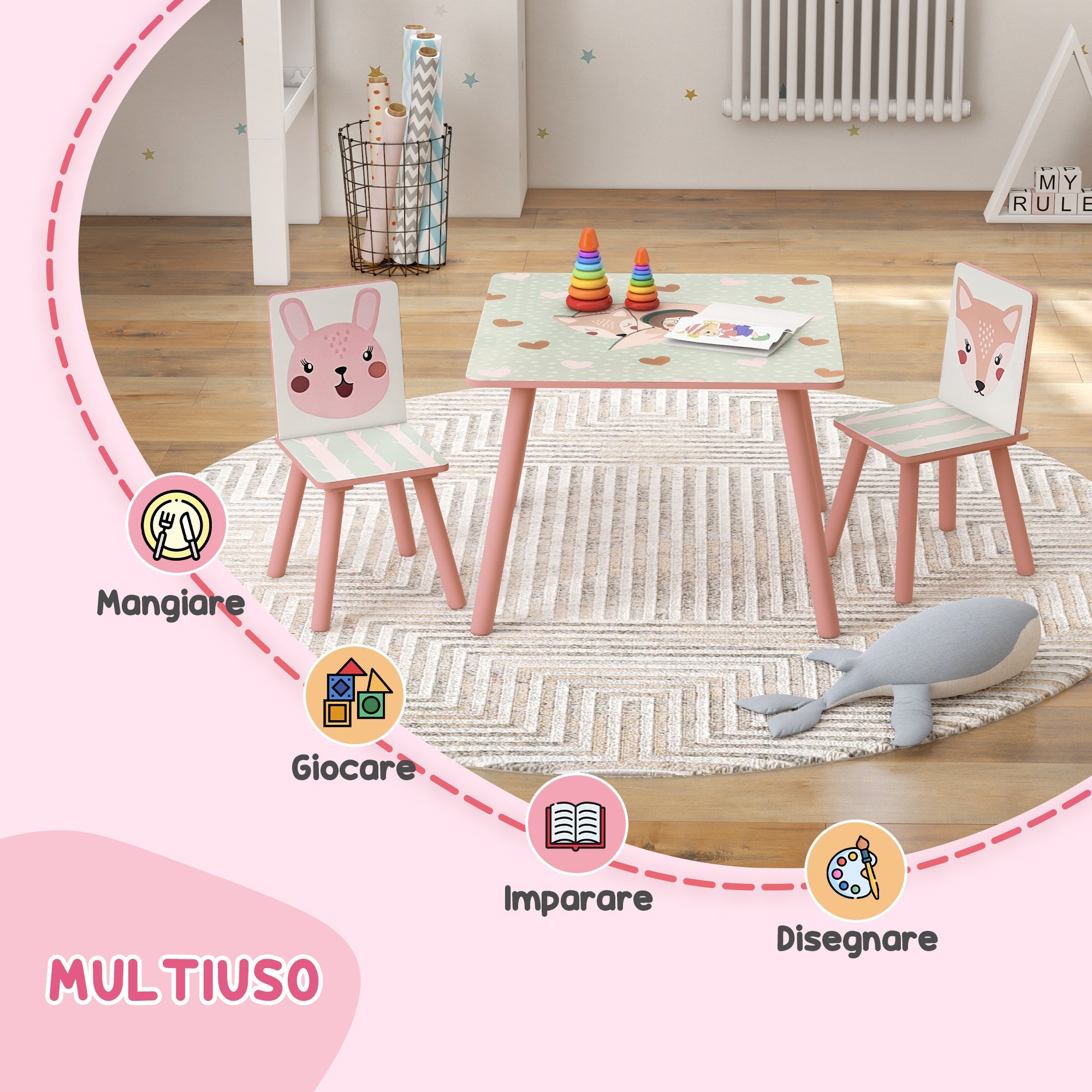 EasycomfortZONEKIZ Set Tavolo e Sedie 3 Pezzi per Bambini 3-8 Anni in MDF e Legno di Pino with Disegni di Animali, Rosa