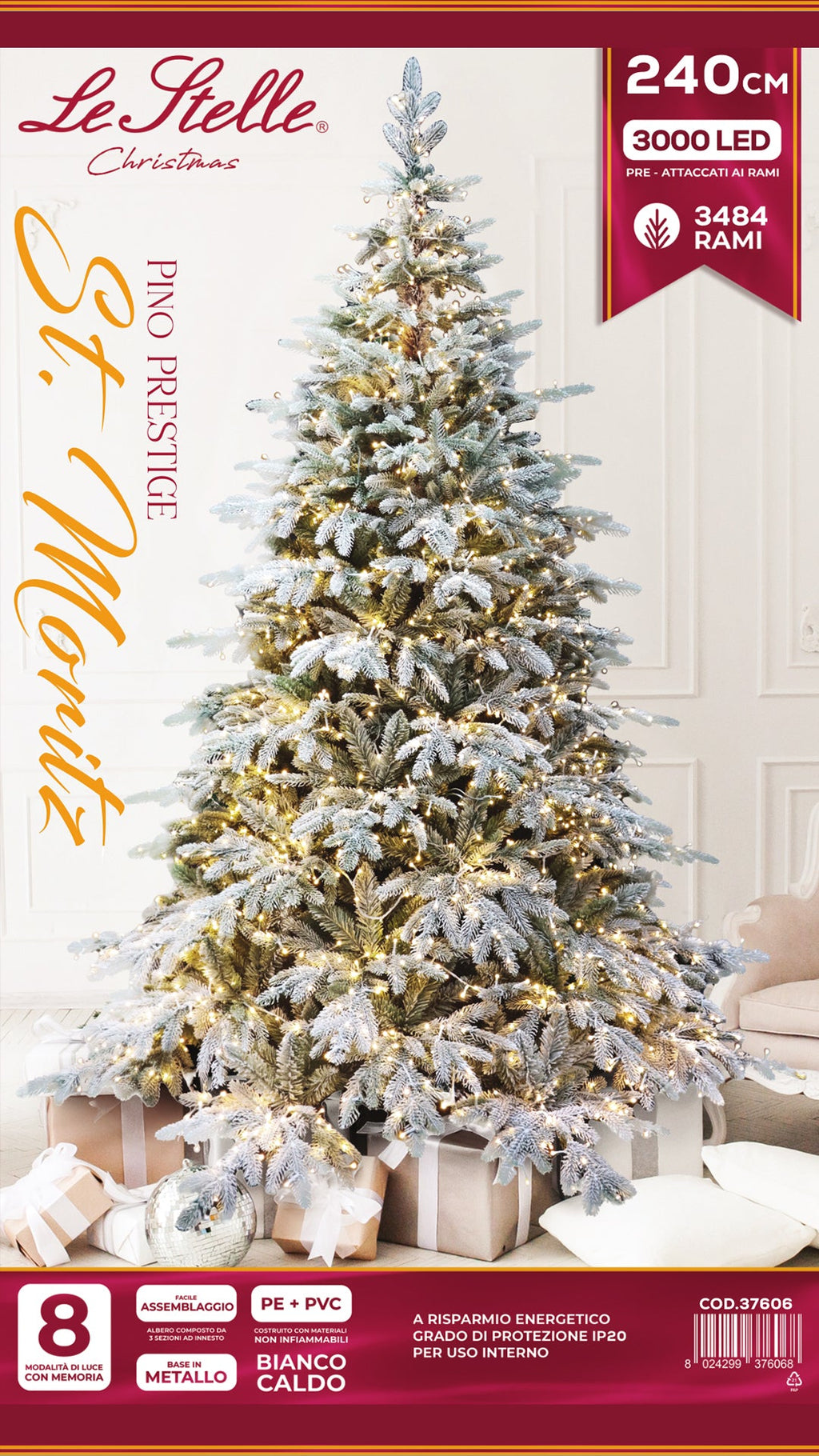 Albero di Natale Pino Verde Innevato Le Stelle St. Moritz H 210cm x L 150cm Super Folto Effetto Real-Touch with 2500 Luci Led Incorporate 2354 Rami