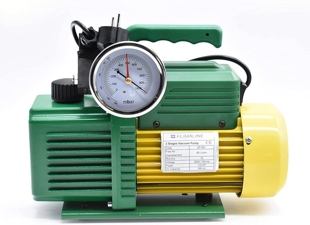 Klimaline two-stage vacuum pump with vacuum gauge and solenoid valve for HFO - R32 - R410 - R1234YF gas systems 50 L/min explosion-proof motor for air conditioning