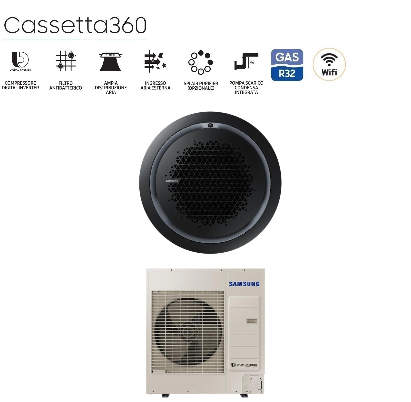 Air conditioner Samsung Inverter Cassetta 360° 36000 Btu AC100RN4PKG/EU Trifase R-32 optional Wi-Fi Vari Pannelli Disponibili