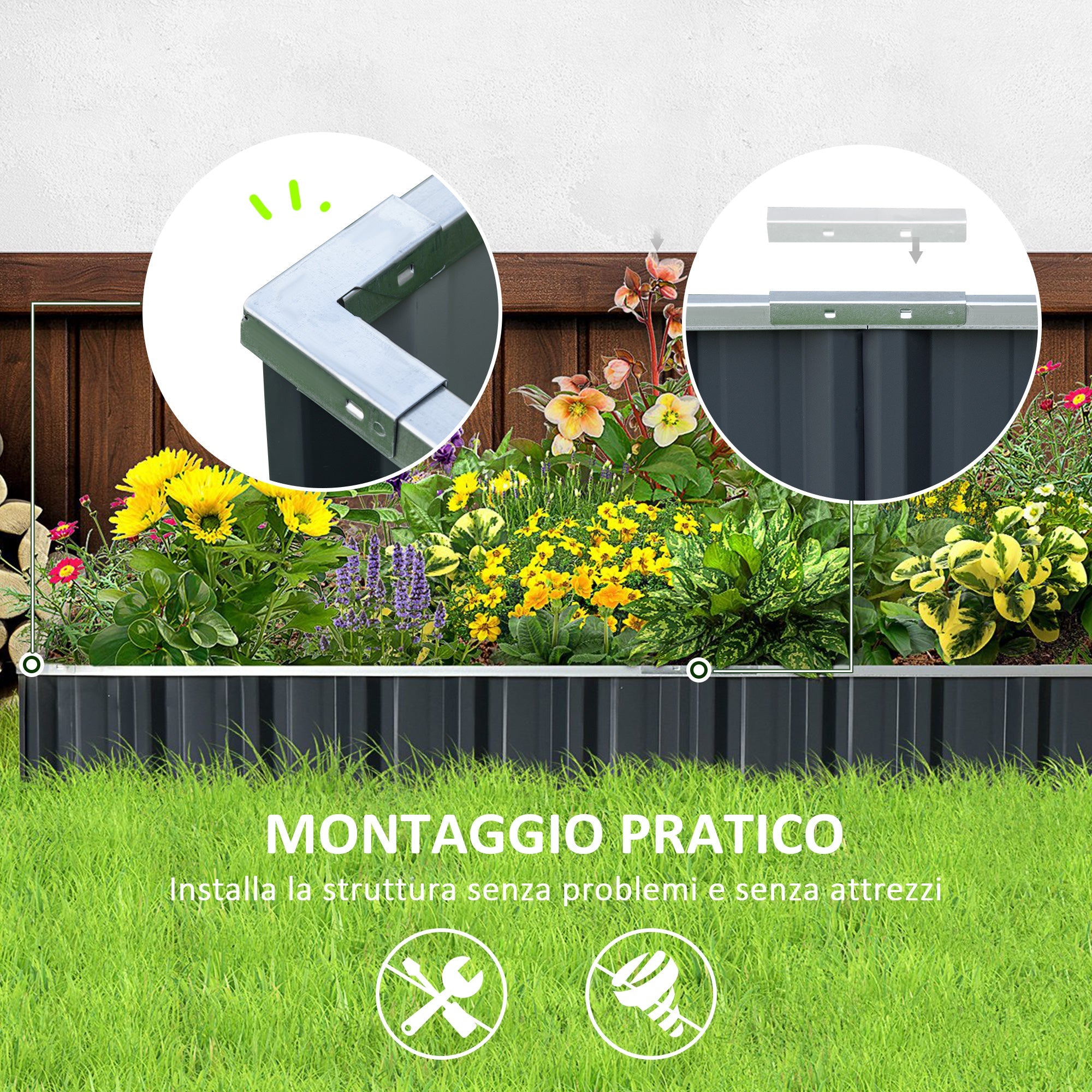 EasyComfort Aiuola Rialzata, Modulabile r Senza Fondo in Acciaio Zincato, 258x90x30 cm, Grigio Scuro