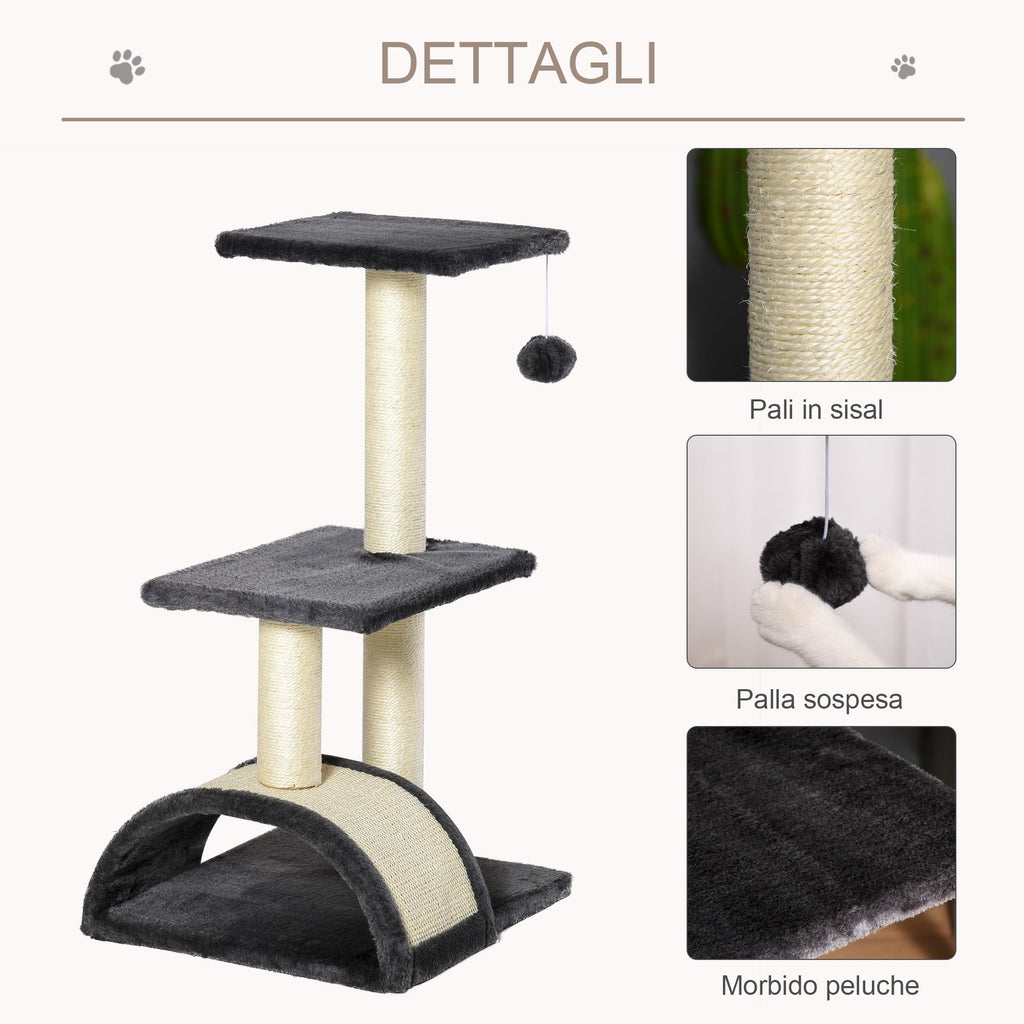 EasyComfort Albero per Gatti a 3 Livelli con Tappetino Tiragraffi ad Arco, in Legno, Peluche e Sisal, 40x35x72 cm, Grigio