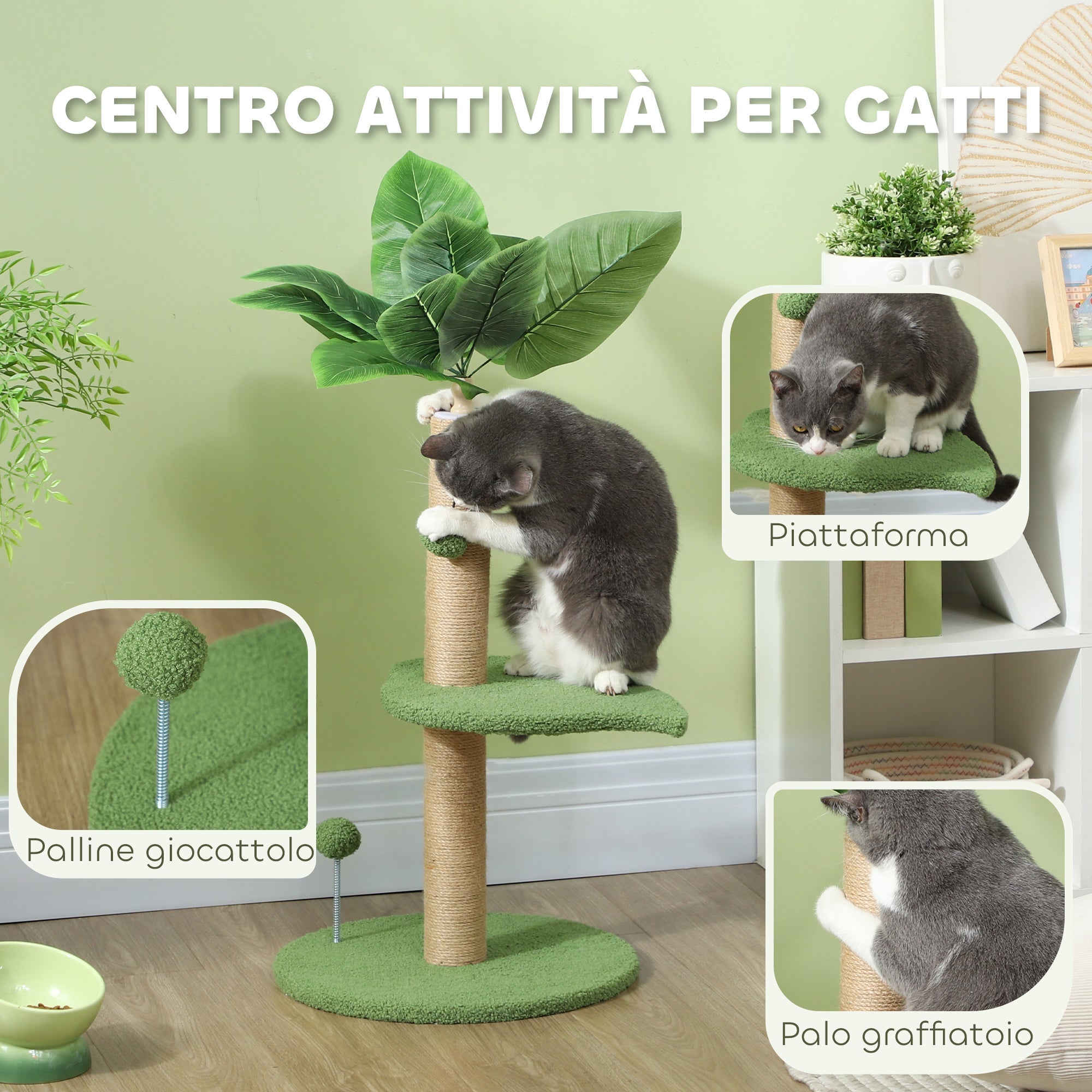 EasyComfort Albero per Gatti con Palo Tiragraffi, Piattaforme e Palline, in Peluche e Truciolato, Ø40x83 cm, Verde