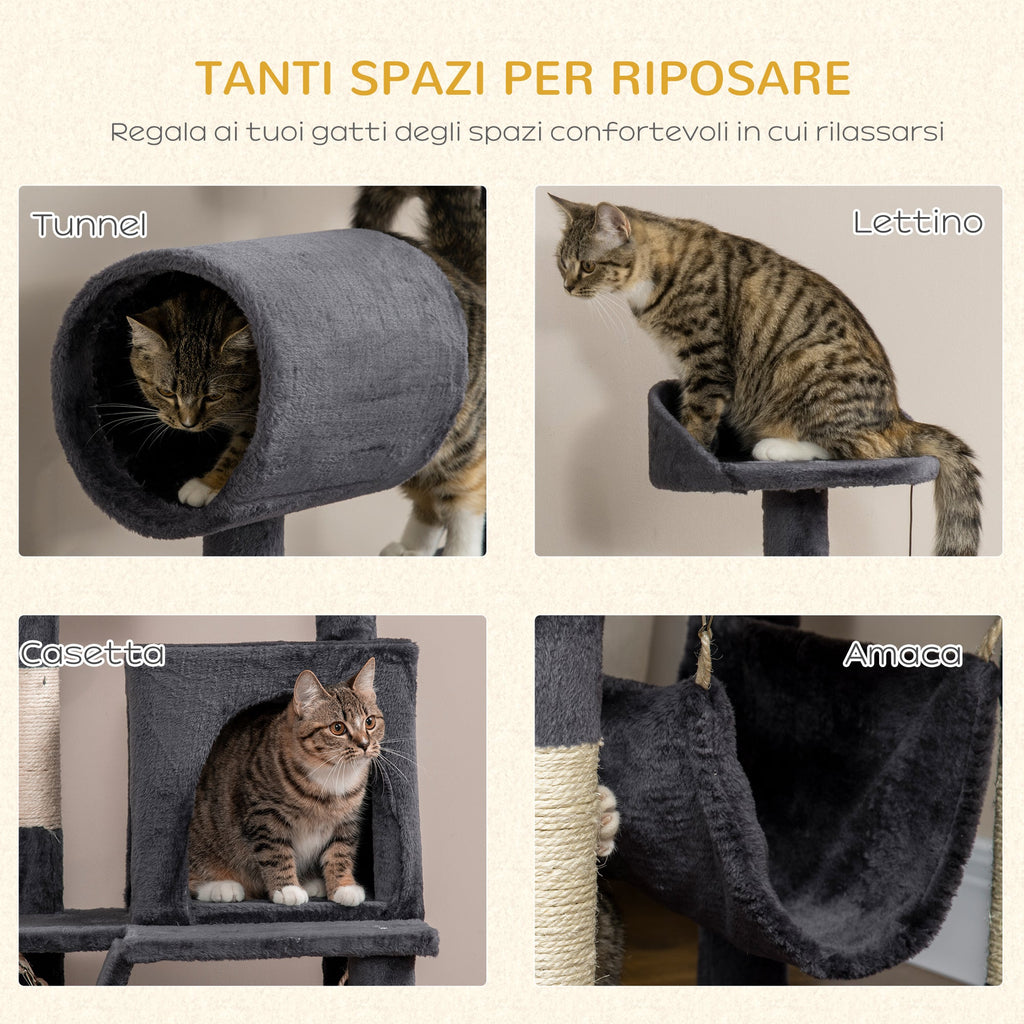 EASYCOMFORT Cat Tree with Cat Scratching Post, Cat House, Hammock, Bed, Tunnel and Ball, 48x48 x125 cm, Dark Gray