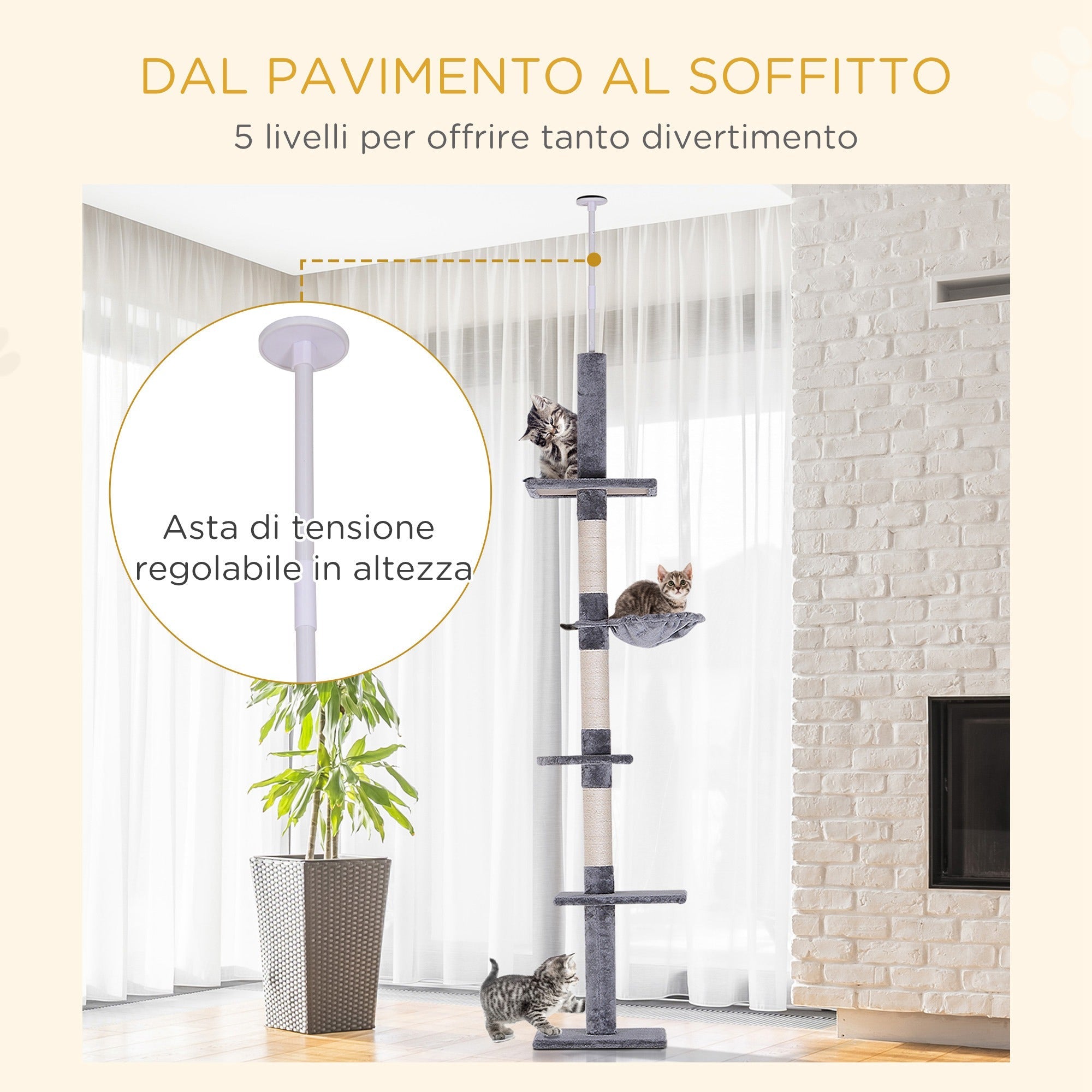 EasyComfort Albero Tiragraffi a 4 Livelli ad Altezza Regolabile, in Truciolato, Peluche e Sisal, 40x34x230-260 cm, Grigio