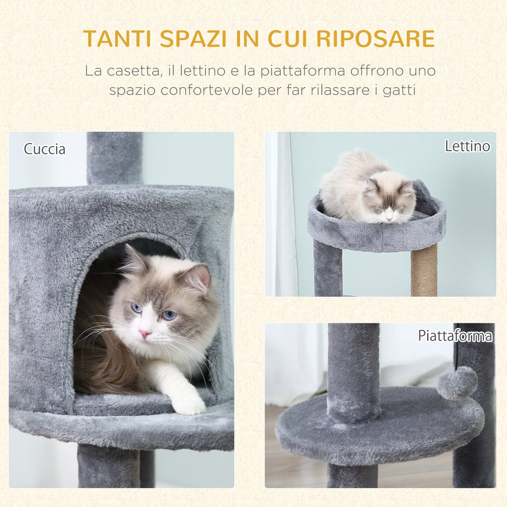 EASYCOMFORT Scratching Tree for 1-2 Cats weighing 4.5kg, Gym Castle for Cats with 3 Levels, Kennel, Bed and Sisal Rope Pole, Gray 48x48x104cm