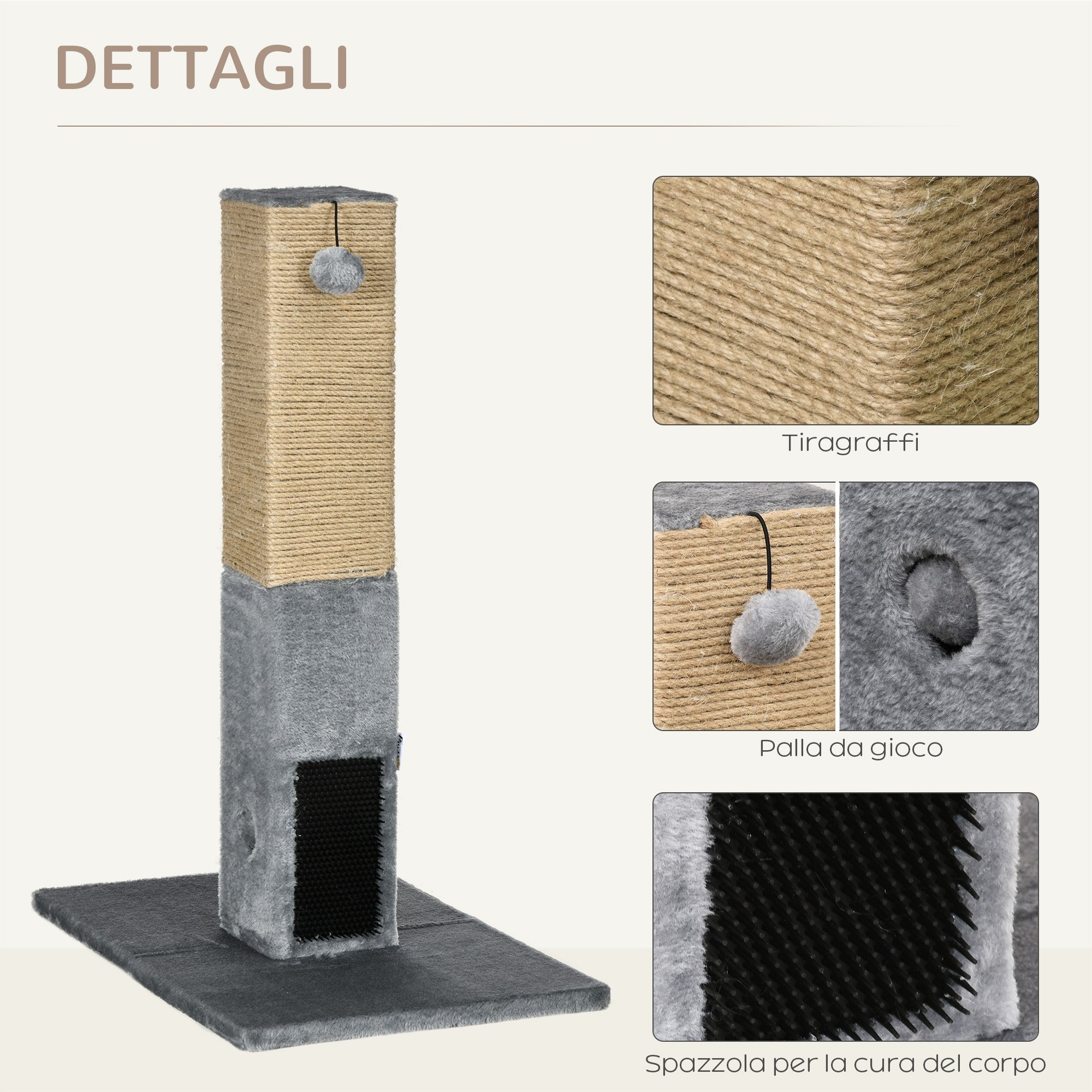 EasyComfort Albero Tiragraffi per Gatti con 2 Palline Giocattolo e Spazzola, in Legno, Iuta e Peluche, 59.5x39x79 cm, Grigio