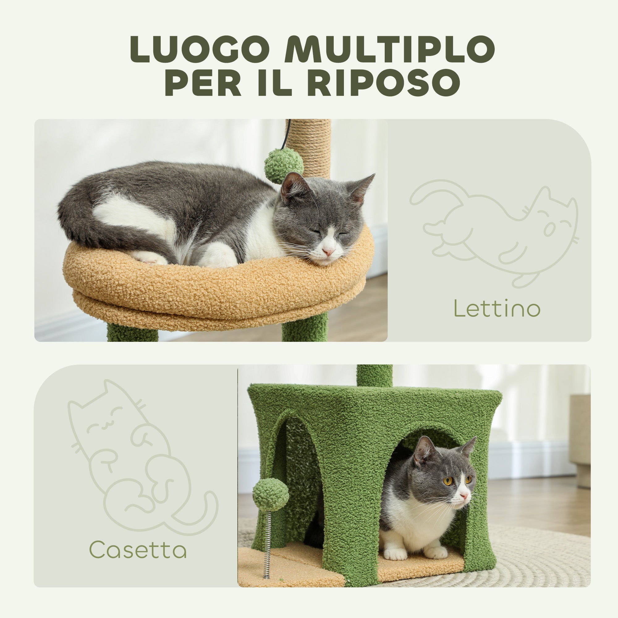 EasyComfort Albero Tiragraffi per Gatti with Casetta, Lettino e 2 Palline, in Legno e Poliestere, 44x30x98 cm, Verde e Marrone