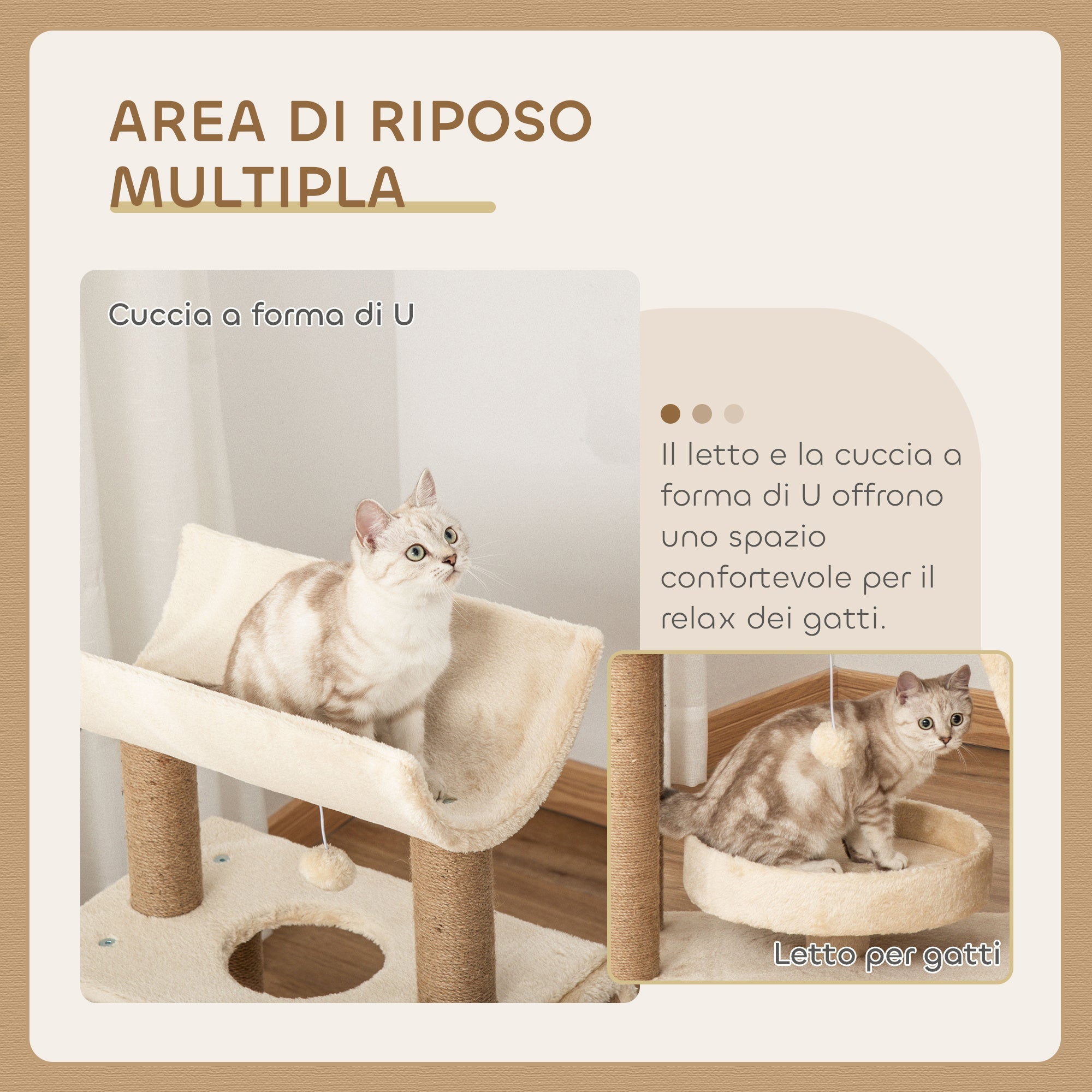 EasyComfort Albero Tiragraffi per Gatti con Lettino, Cuccia e Tappetino, in Legno, Peluche e Sisal, 60x30x76 cm, Marrone Chiaro