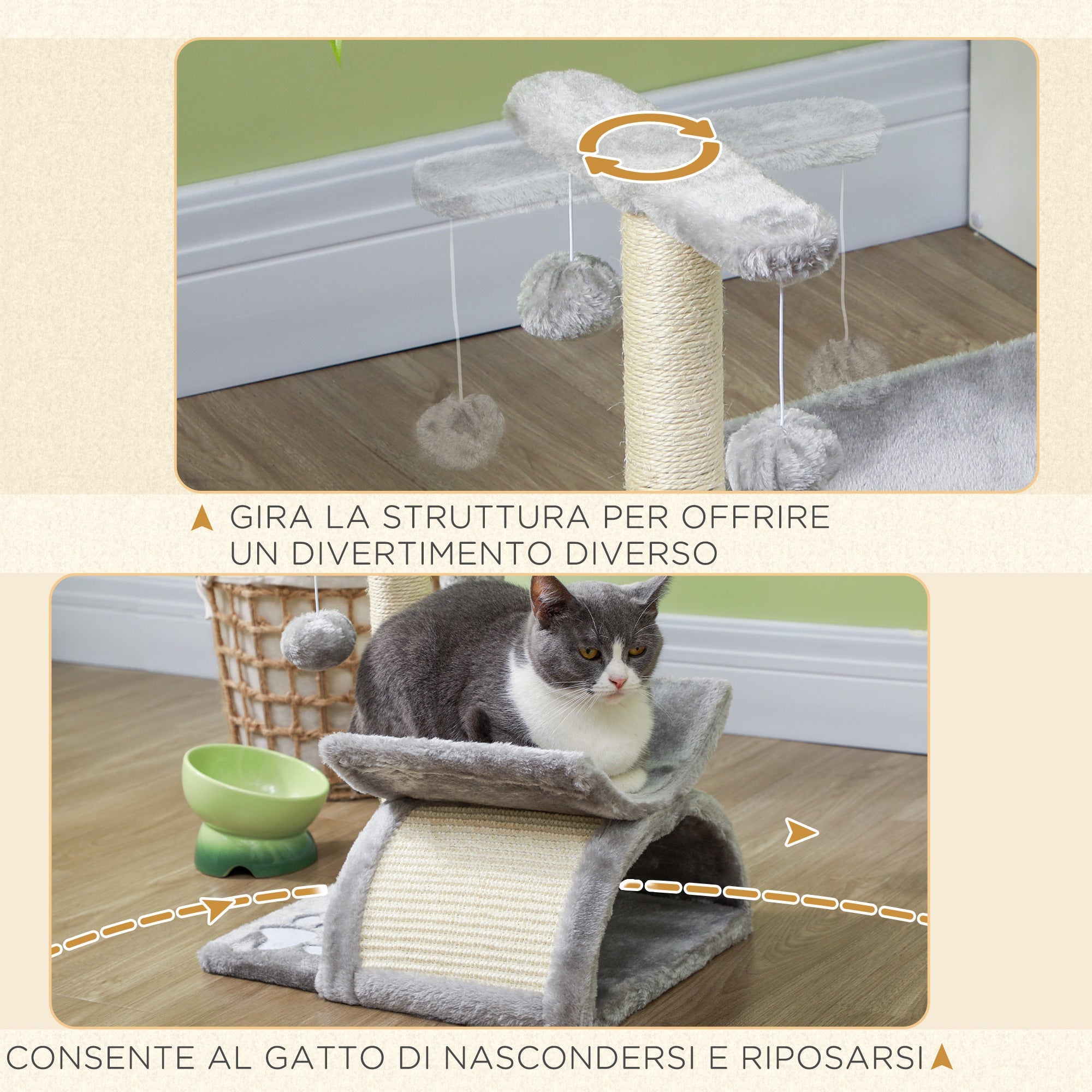 EasyComfort Albero Tiragraffi per Gatti in Peluche con Palo in Sisal, Cuccia e 2 Palline, 40x30x43cm, Grigio