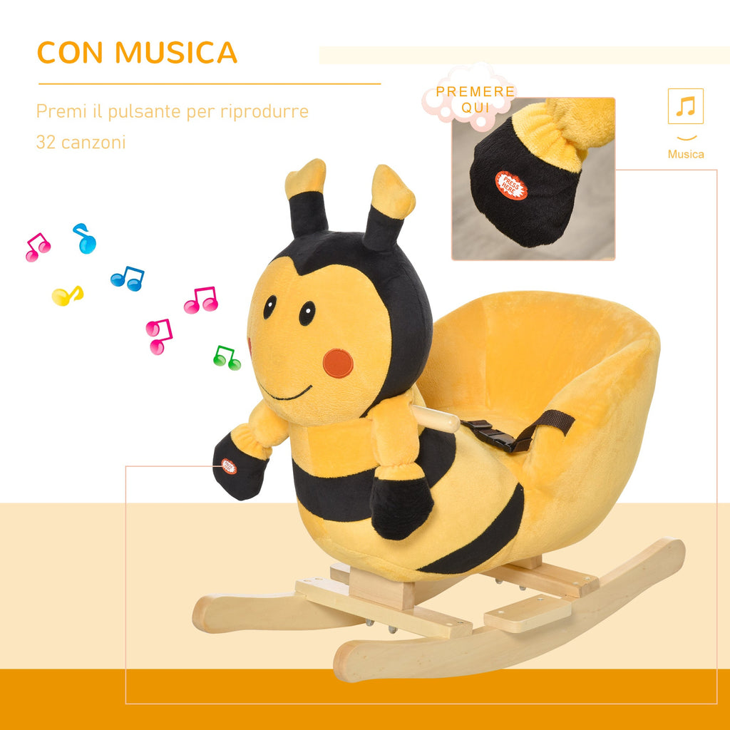Easycomfort Animale a Dondolo per Bambini a forma di Ape in Legno di Pioppo with Musica, 60x33x45 cm, Giallo e black