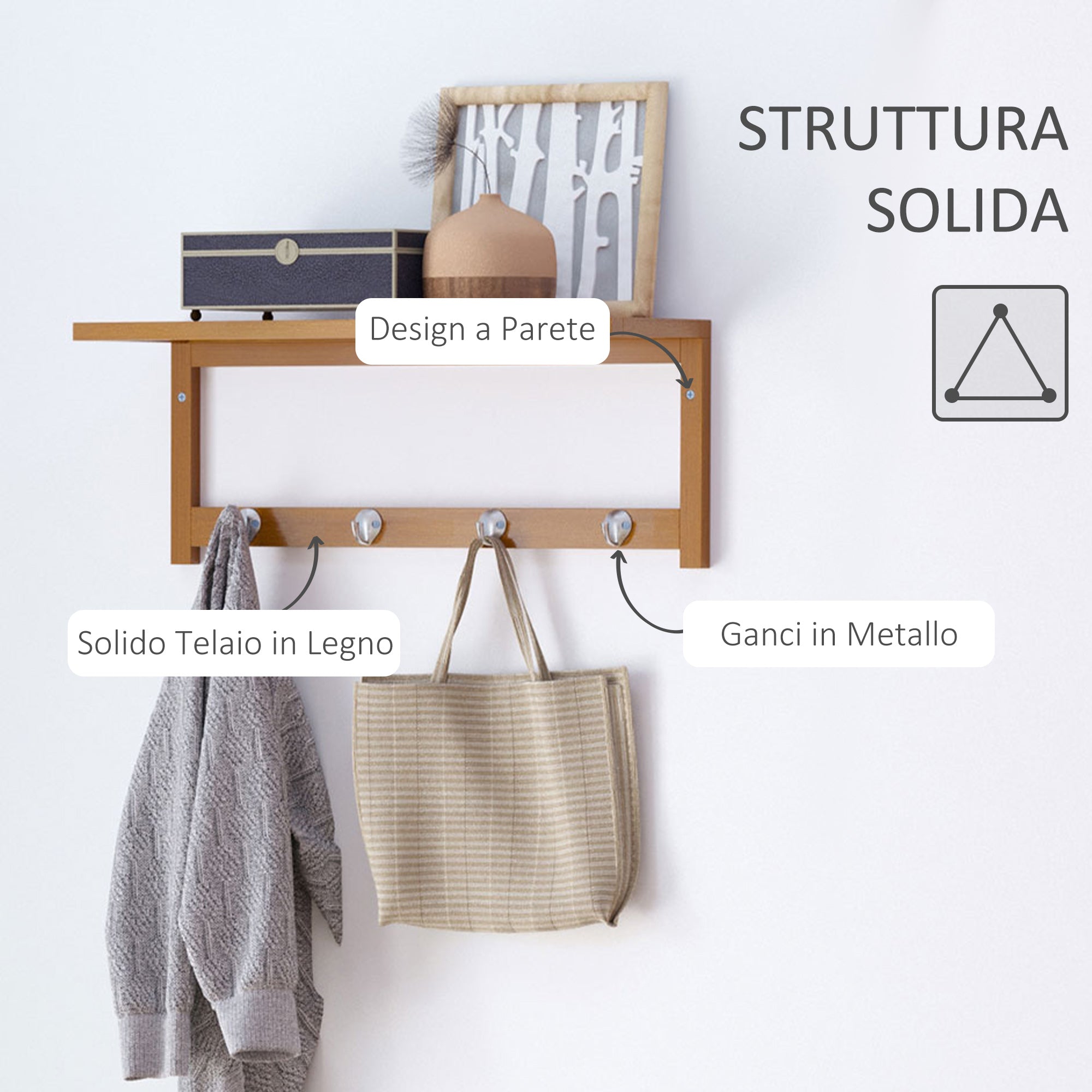 Easycomfort Appendiabiti with Mensola Attaccapanni wall-mounted with Ripiano Bambù 50 × 16 × 17.5cm