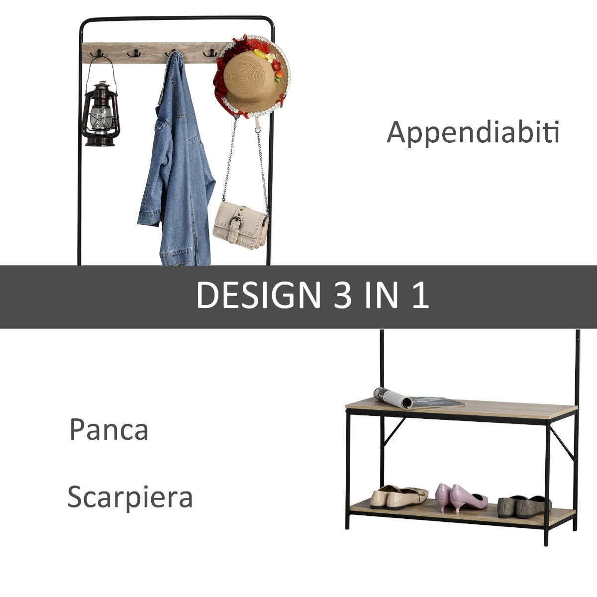 EasyComfort Kapstok met bank en schoenenrek, industrieel 80.5x30x170 cm