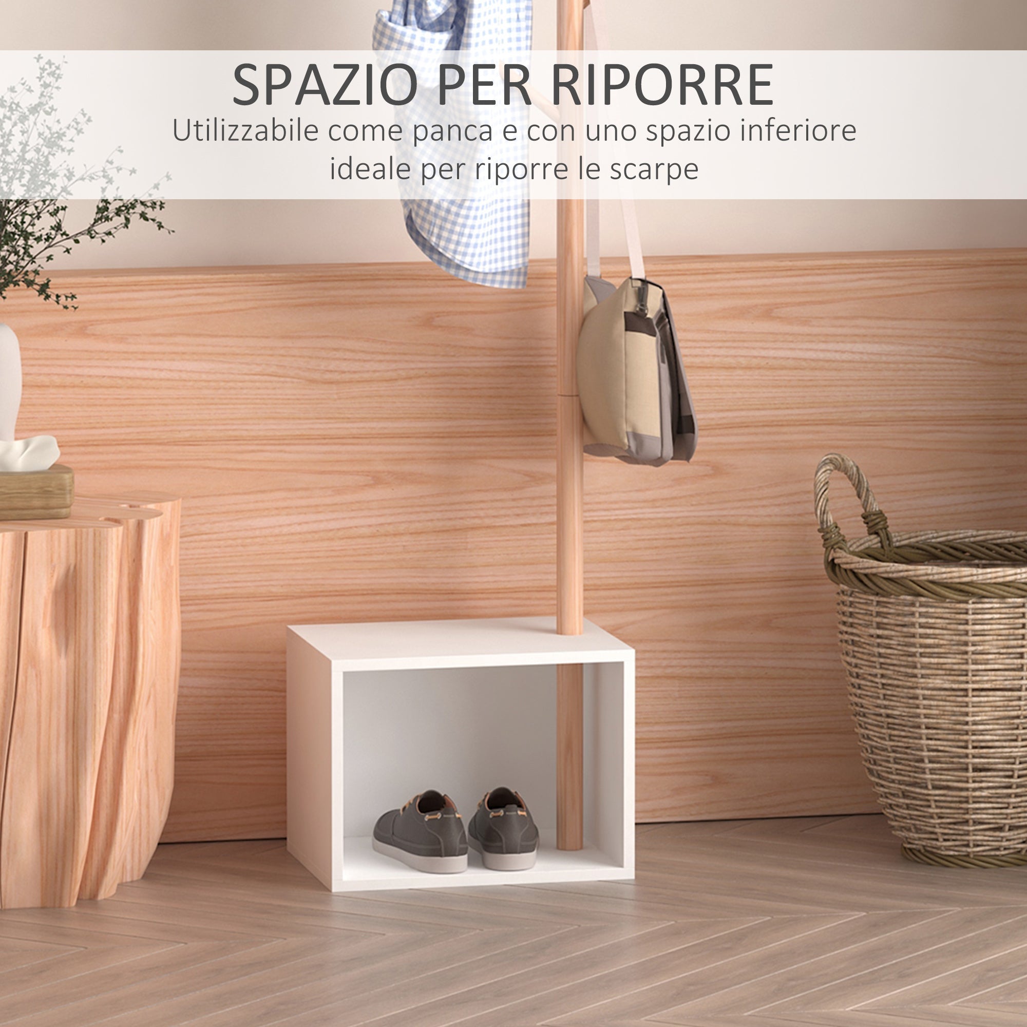 EasyComfort Appendiabiti with Panchina Cubo per Scarpe Per Ingresso e Camera da Letto 6 Ganci, Bambù Legno MDF, white, 40x30x180cm